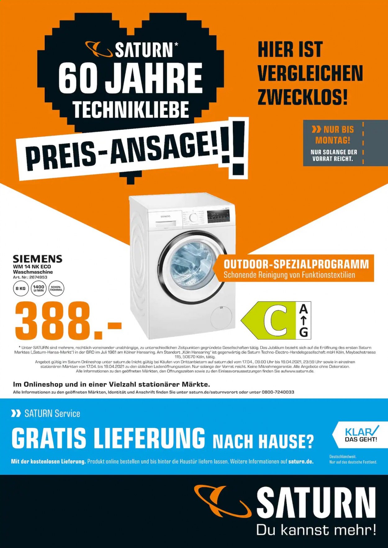 thumbnail - Prospekte Saturn - 17.04.2021 - 19.04.2021 - Produkte in Aktion - Siemens, Waschmaschine. Seite 1.