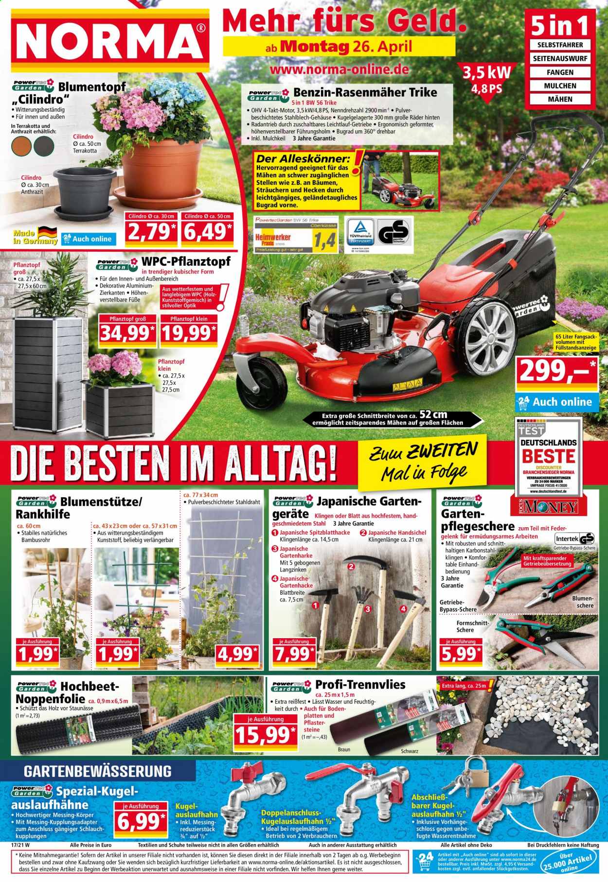 thumbnail - Prospekte Norma - 26.04.2021 - 1.05.2021 - Produkte in Aktion - Rasenmäher, Pflanztopf, Braun. Seite 1.