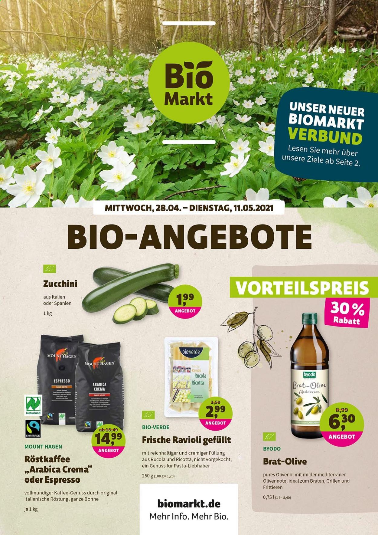 thumbnail - Prospekte BioMarkt - 28.04.2021 - 11.05.2021 - Produkte in Aktion - Rucola, Zucchini, Olivenöl, Kaffee, Espresso. Seite 1.