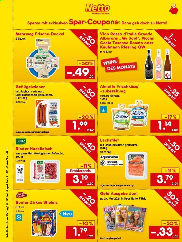 thumbnail - Prospekte Netto Marken-Discount - Produkte in Aktion - Hackfleisch, Lachsfilet, Frischkäse, Almette, Stieleis, Wein, Riesling, Deckel. Seite 2.