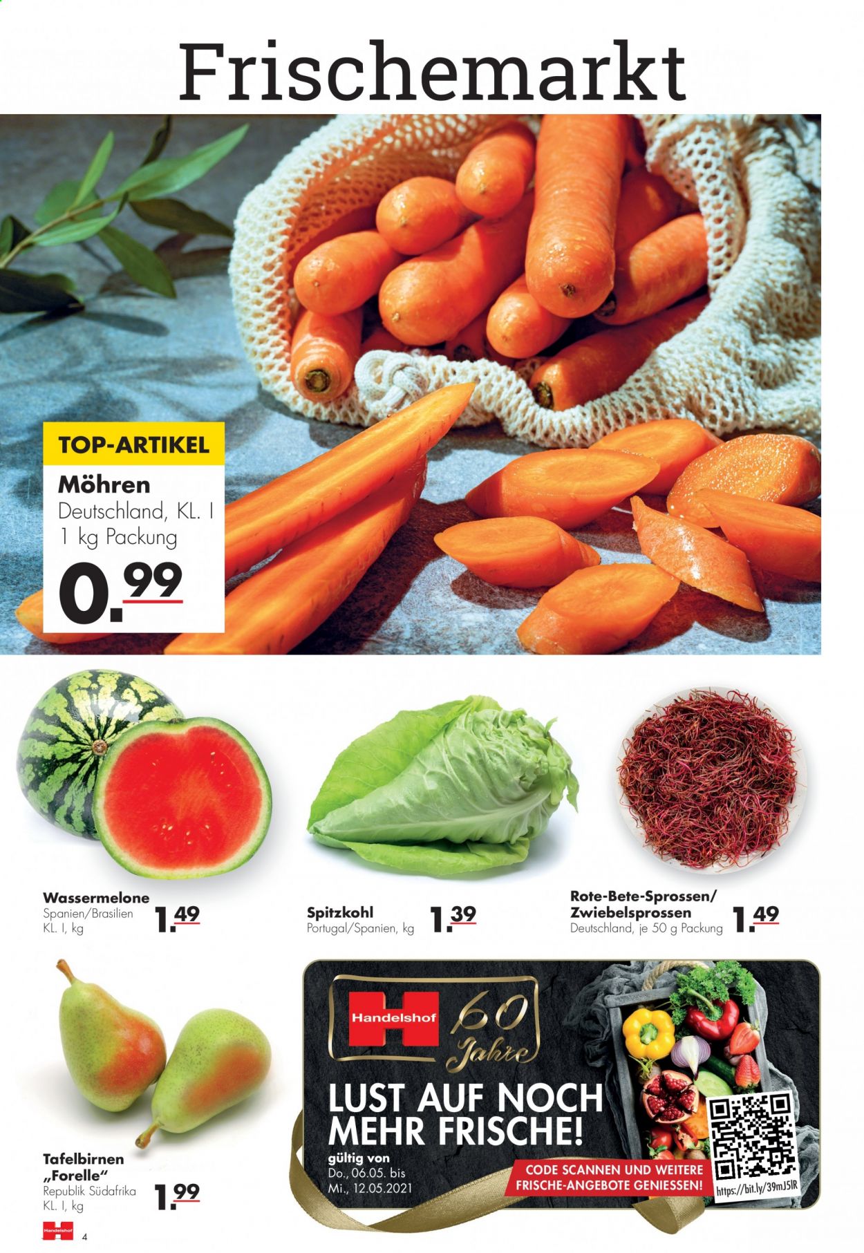 thumbnail - Prospekte Handelshof - 6.05.2021 - 12.05.2021 - Produkte in Aktion - Spitzkohl, Möhren, Wassermelone, Forelle. Seite 4.
