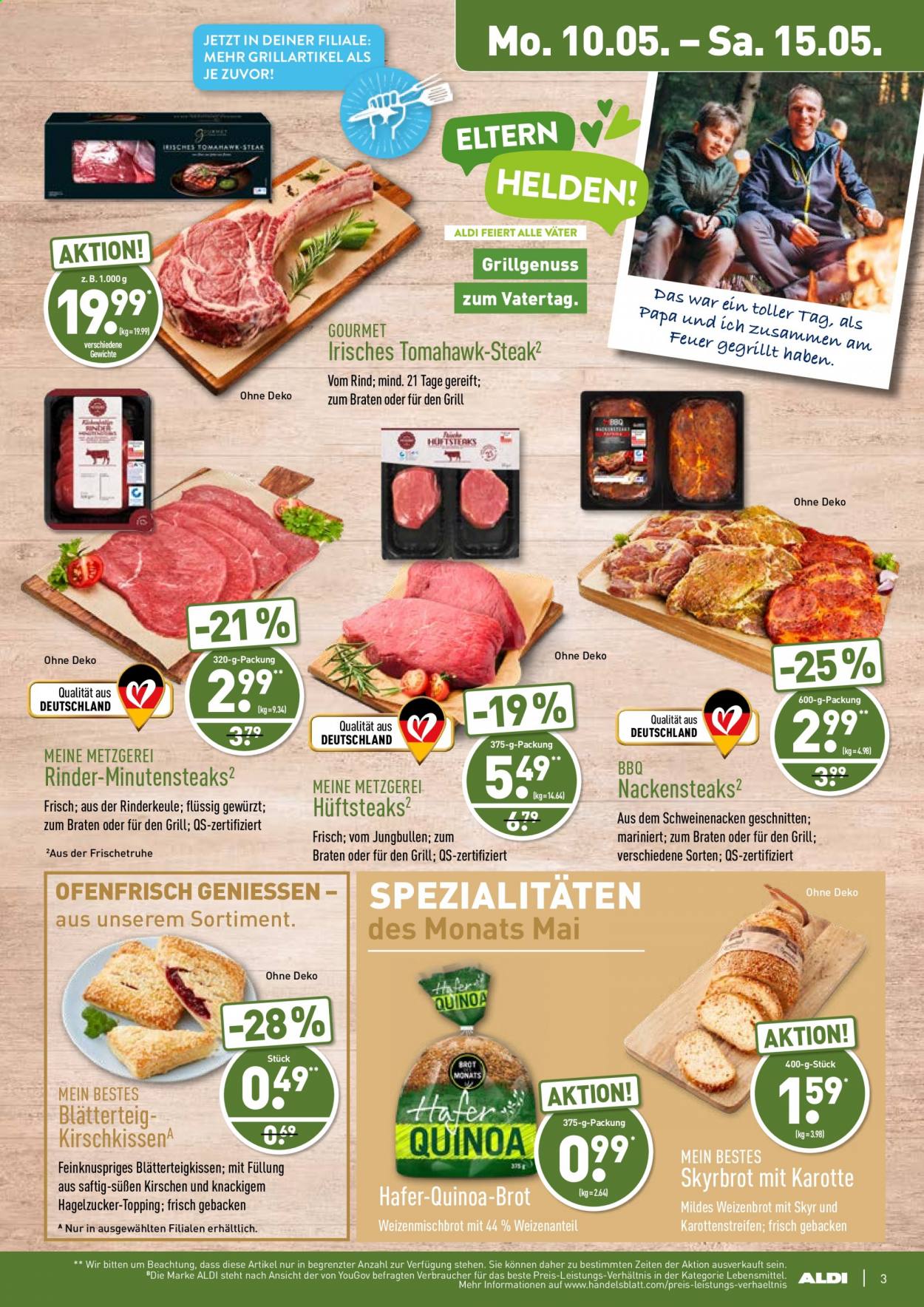 thumbnail - Prospekte ALDI Nord - 10.05.2021 - 15.05.2021 - Produkte in Aktion - Rinderkeule, Rindfleisch, Schweinenacken, Brot, Kirschen, Grill. Seite 3.