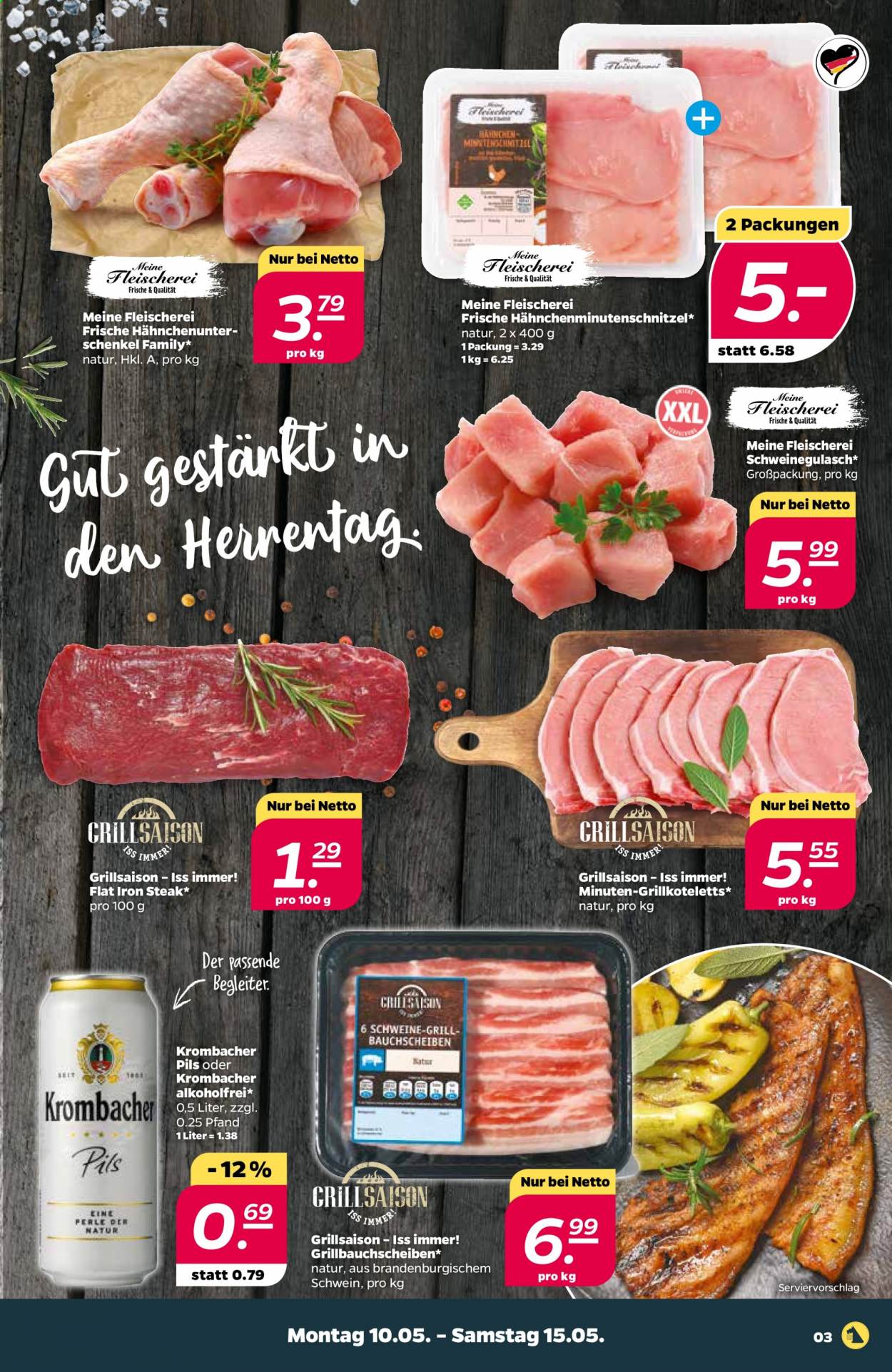 thumbnail - Prospekte Netto - 10.05.2021 - 15.05.2021 - Produkte in Aktion - Steak, Krombacher, Schweinefleisch, Schweinegulasch. Seite 3.