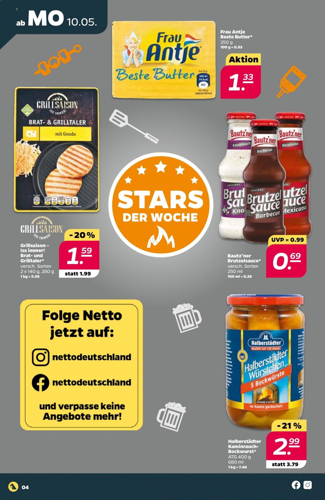 thumbnail - Prospekte Netto - 10.05.2021 - 15.05.2021 - Produkte in Aktion - Würstchen, Bockwurst, Gouda, Butter. Seite 4.