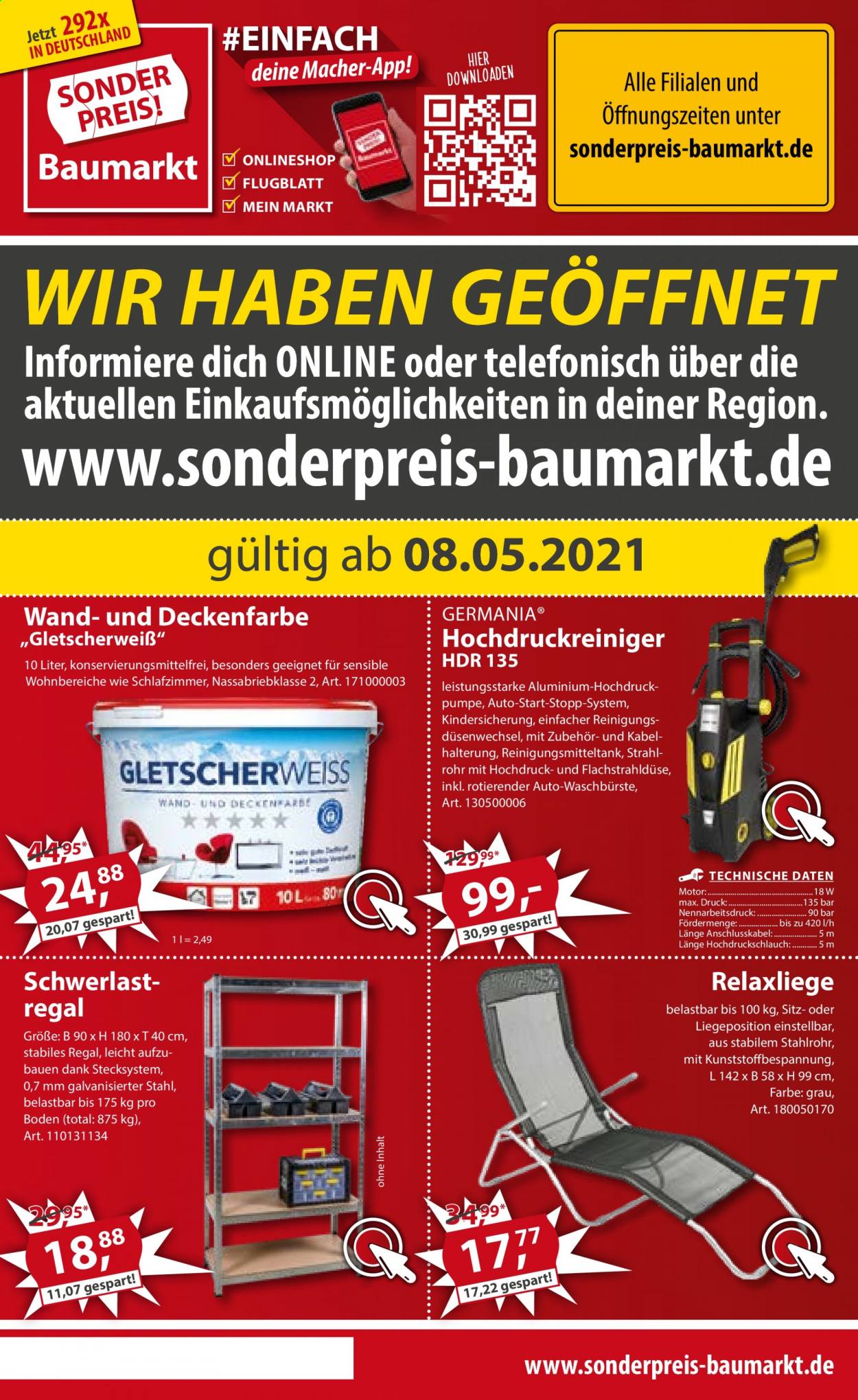 thumbnail - Prospekte Sonderpreis-Baumarkt - 8.05.2021 - 14.05.2021 - Produkte in Aktion - Schwerlastregal, Regal, Hochdruckreiniger. Seite 1.