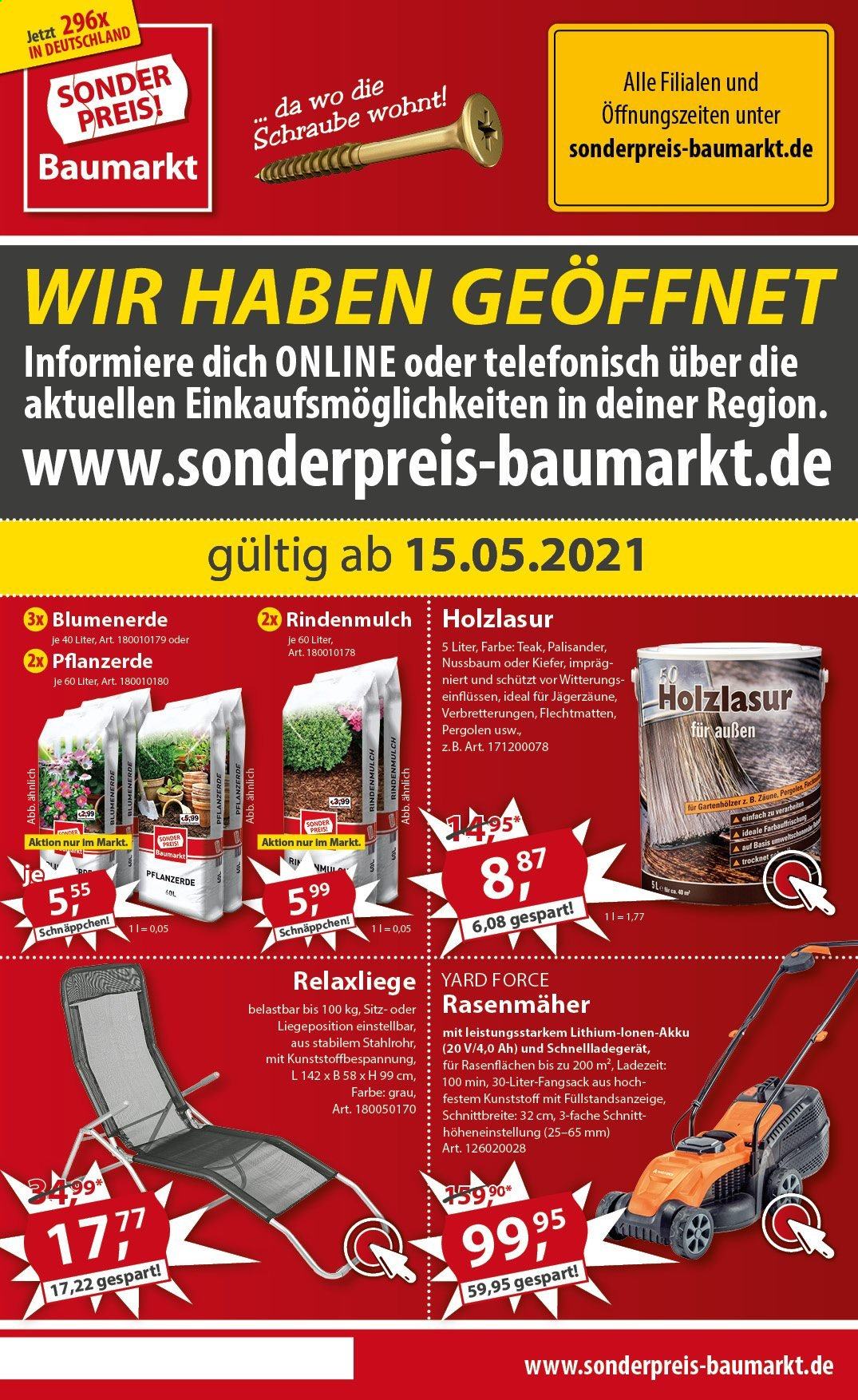 thumbnail - Prospekte Sonderpreis-Baumarkt - 15.05.2021 - 21.05.2021 - Produkte in Aktion - Rasenmäher, Rindenmulch, Blumenerde. Seite 1.