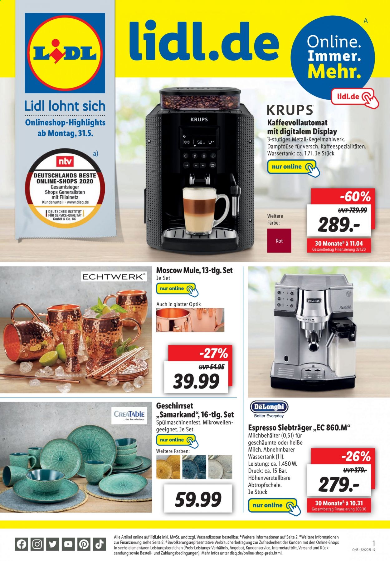 thumbnail - Prospekte Lidl - 31.05.2021 - 6.06.2021 - Produkte in Aktion - Espresso, Krups, Kaffeeautomat, De'Longhi. Seite 1.