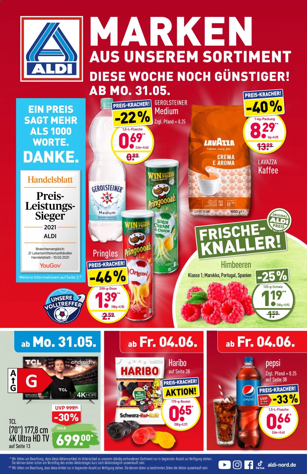 thumbnail - Prospekte ALDI Nord - 31.05.2021 - 5.06.2021 - Produkte in Aktion - Ultra HD TV, Himbeeren, Haribo, Pepsi, Gerolsteiner, Kaffee, Lavazza, Schale. Seite 1.
