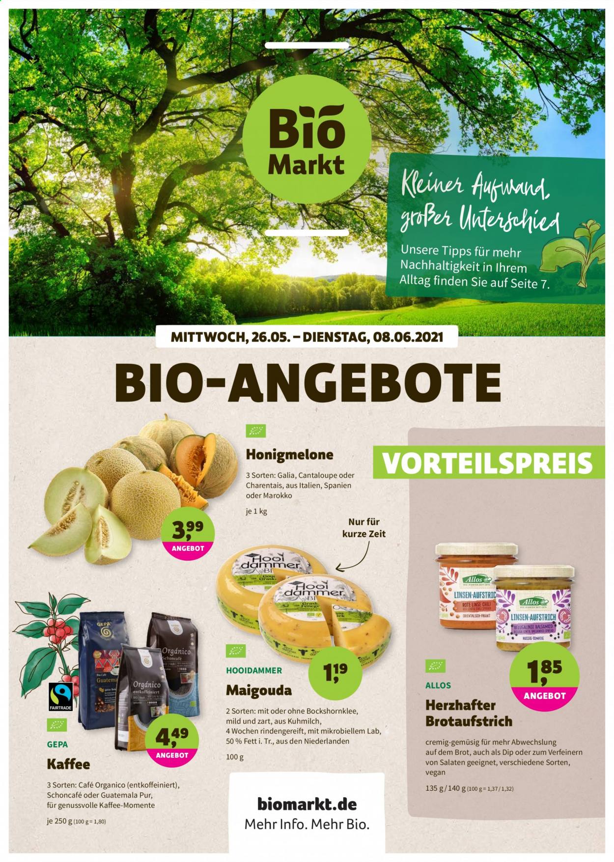 thumbnail - Prospekte BioMarkt - 26.05.2021 - 8.06.2021 - Produkte in Aktion - Honigmelone, Cantaloupe-melone, Brotaufstrich, Linsen, Chili, Kaffee. Seite 1.