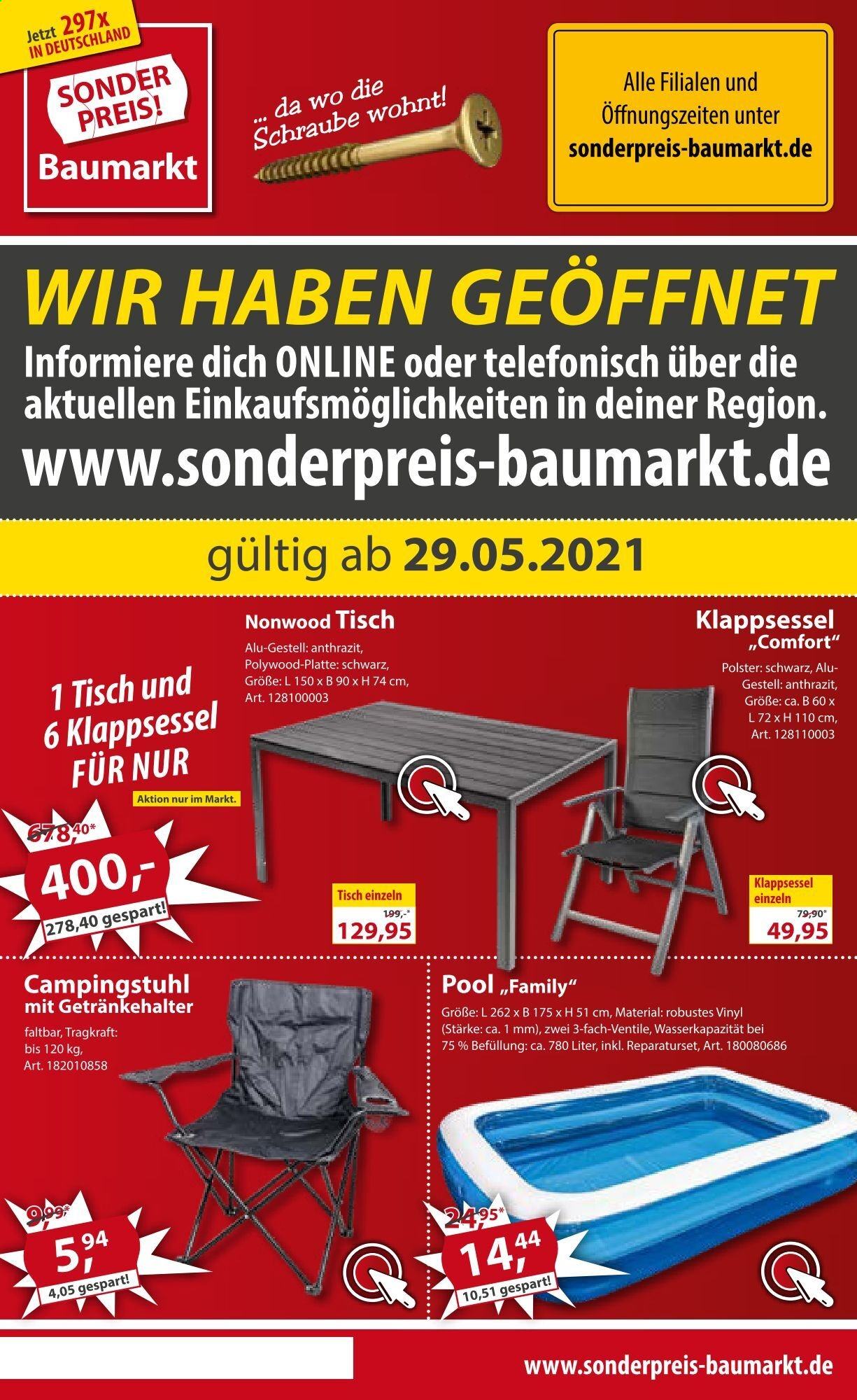 thumbnail - Prospekte Sonderpreis-Baumarkt - 29.05.2021 - 4.06.2021 - Produkte in Aktion - Tisch, Klappsessel, Pool. Seite 1.