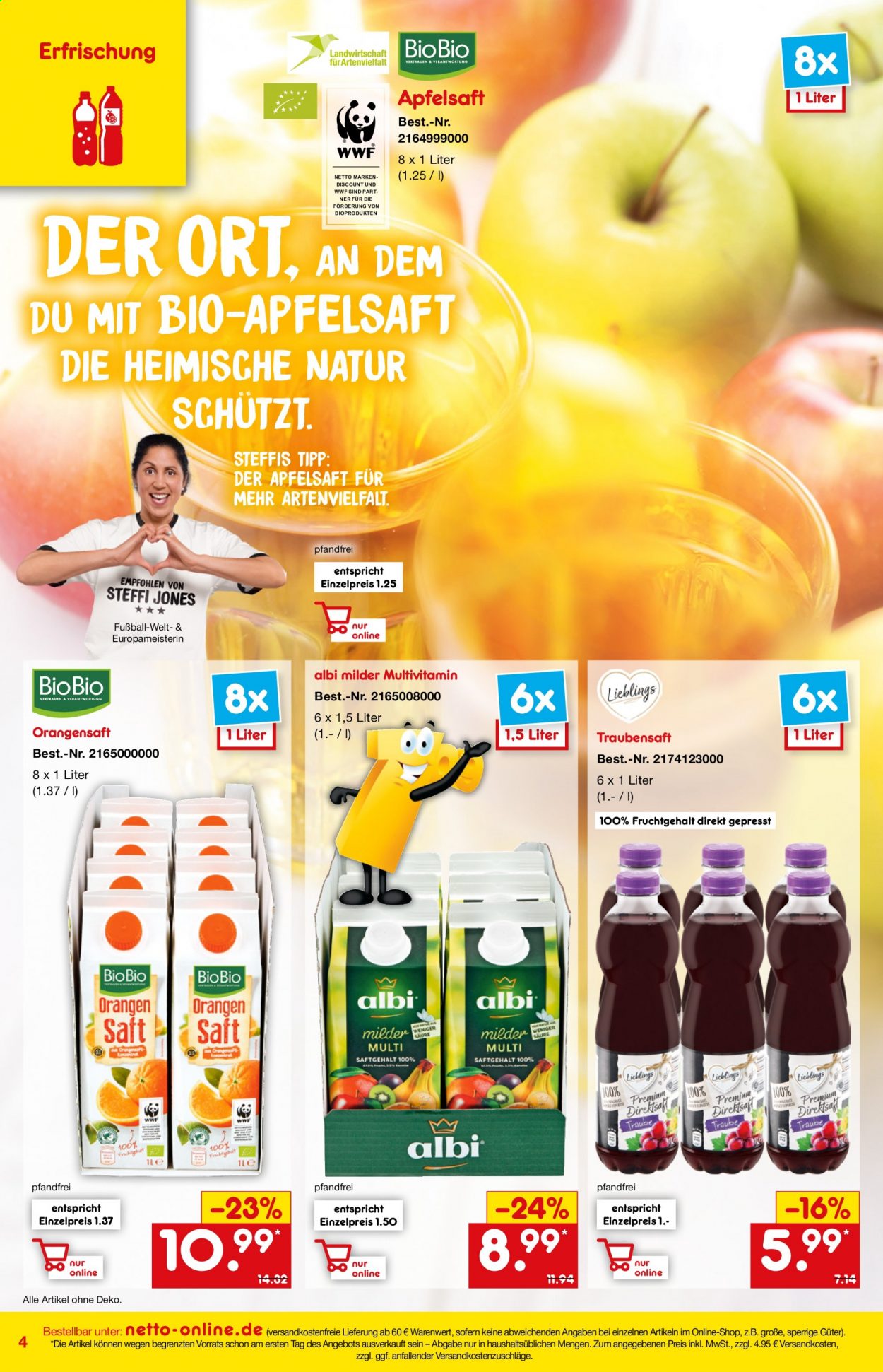 thumbnail - Prospekte Netto Marken-Discount - 1.06.2021 - 30.06.2021 - Produkte in Aktion - Orangen, Öl, Orangensaft, Saft, Apfelsaft, Traubensaft. Seite 4.
