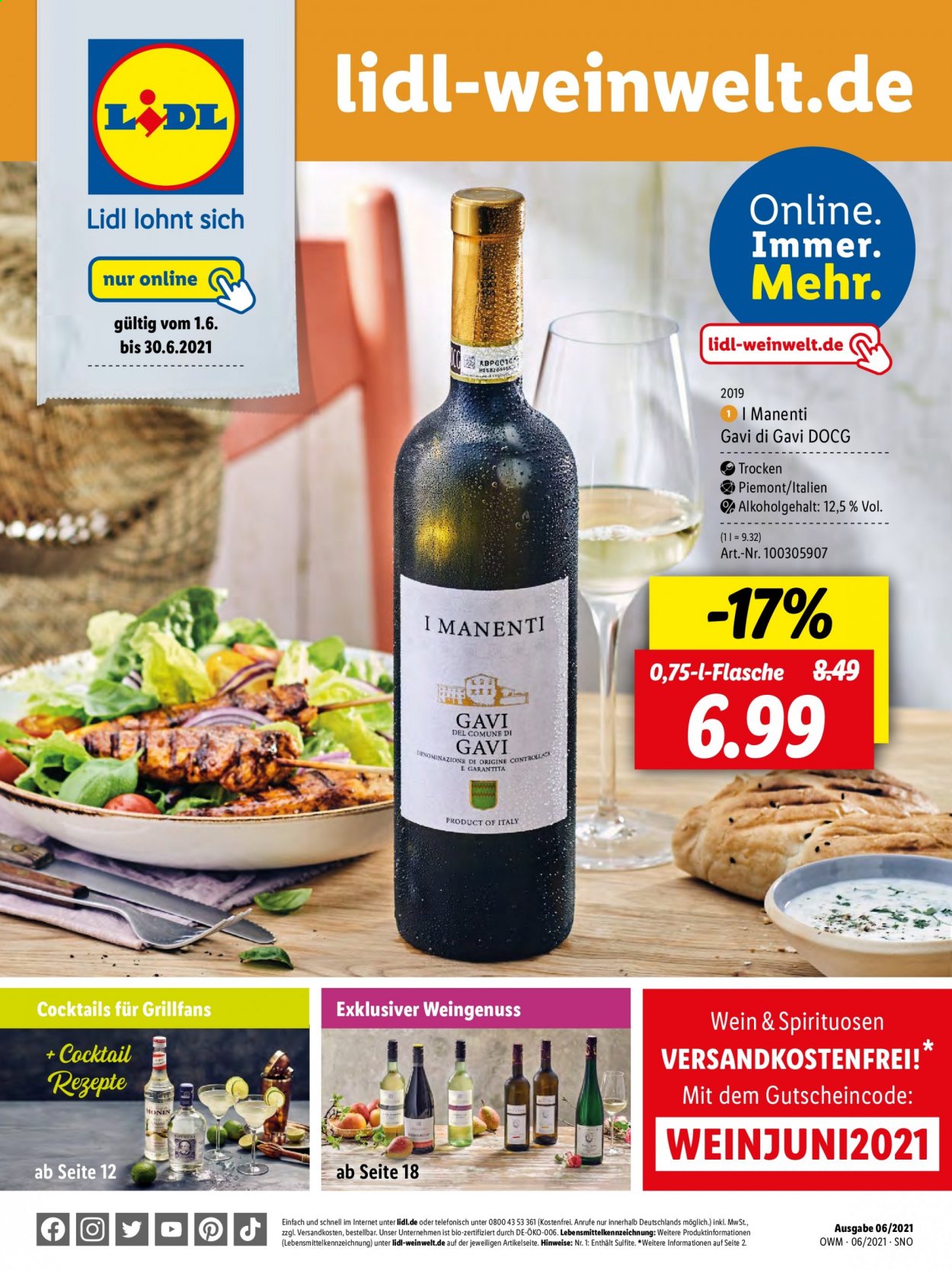 thumbnail - Prospekte Lidl - 1.06.2021 - 30.06.2021 - Produkte in Aktion - Alkohol, Wein. Seite 1.