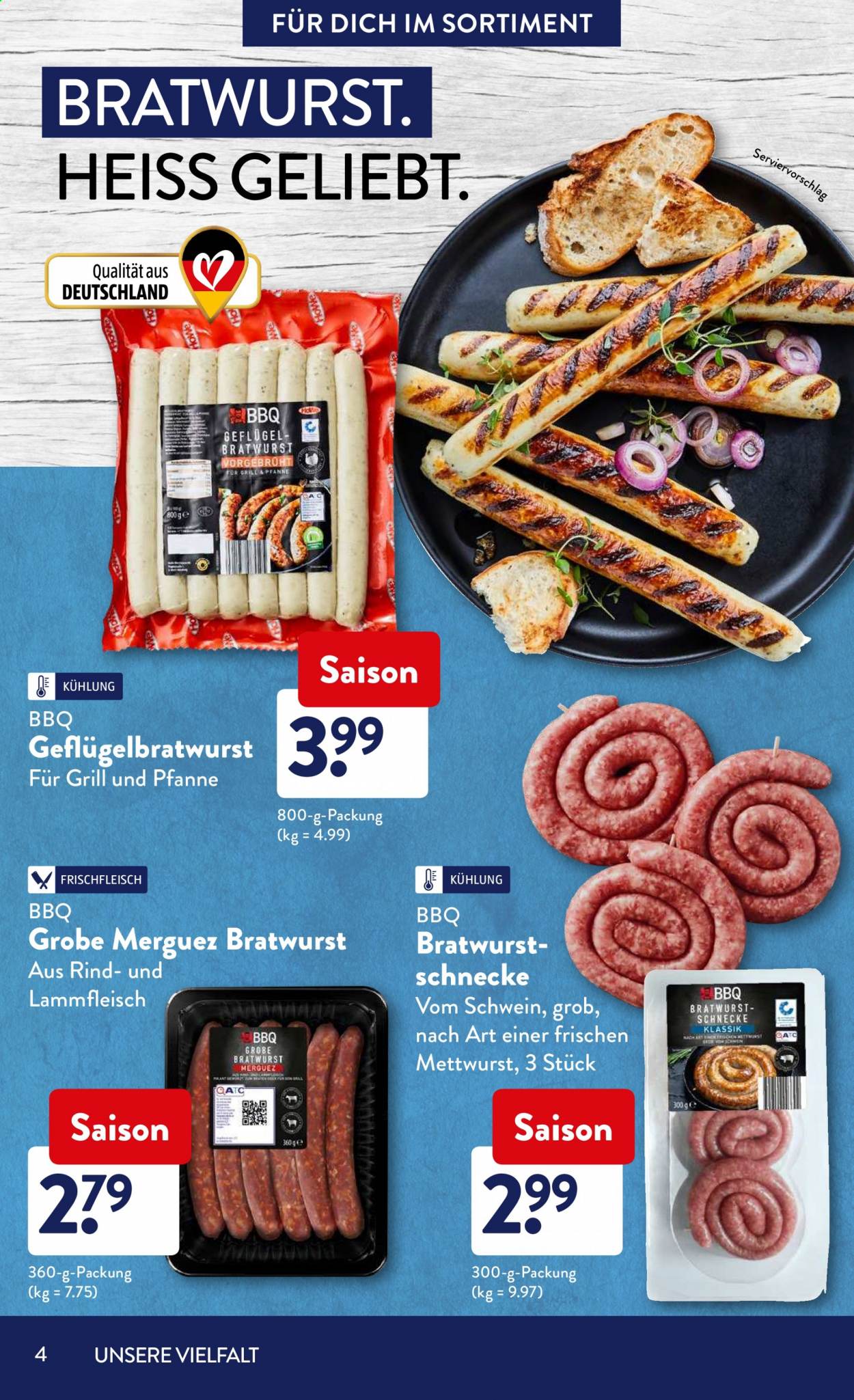 thumbnail - Prospekte ALDI SÜD - Produkte in Aktion - Rindfleisch, Merguez-Bratwurst, Bratwurst, Mettwurst. Seite 4.