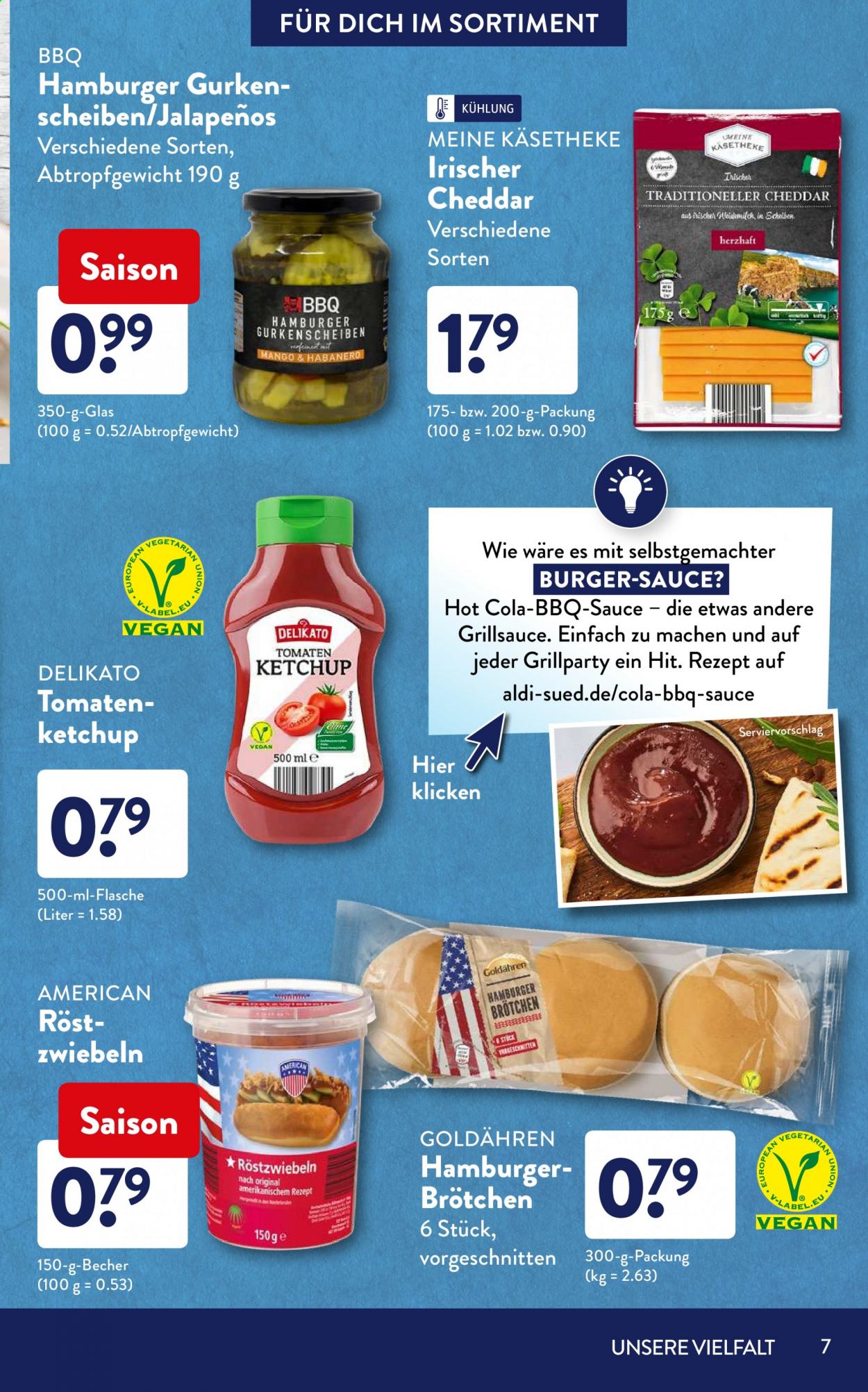 thumbnail - Prospekte ALDI SÜD - Produkte in Aktion - Gurken, Brötchen, Burger Buns, Mango, Käse, Cheddar, Grillsauce, Soße, Tomatenketchup, Coca-Cola. Seite 7.