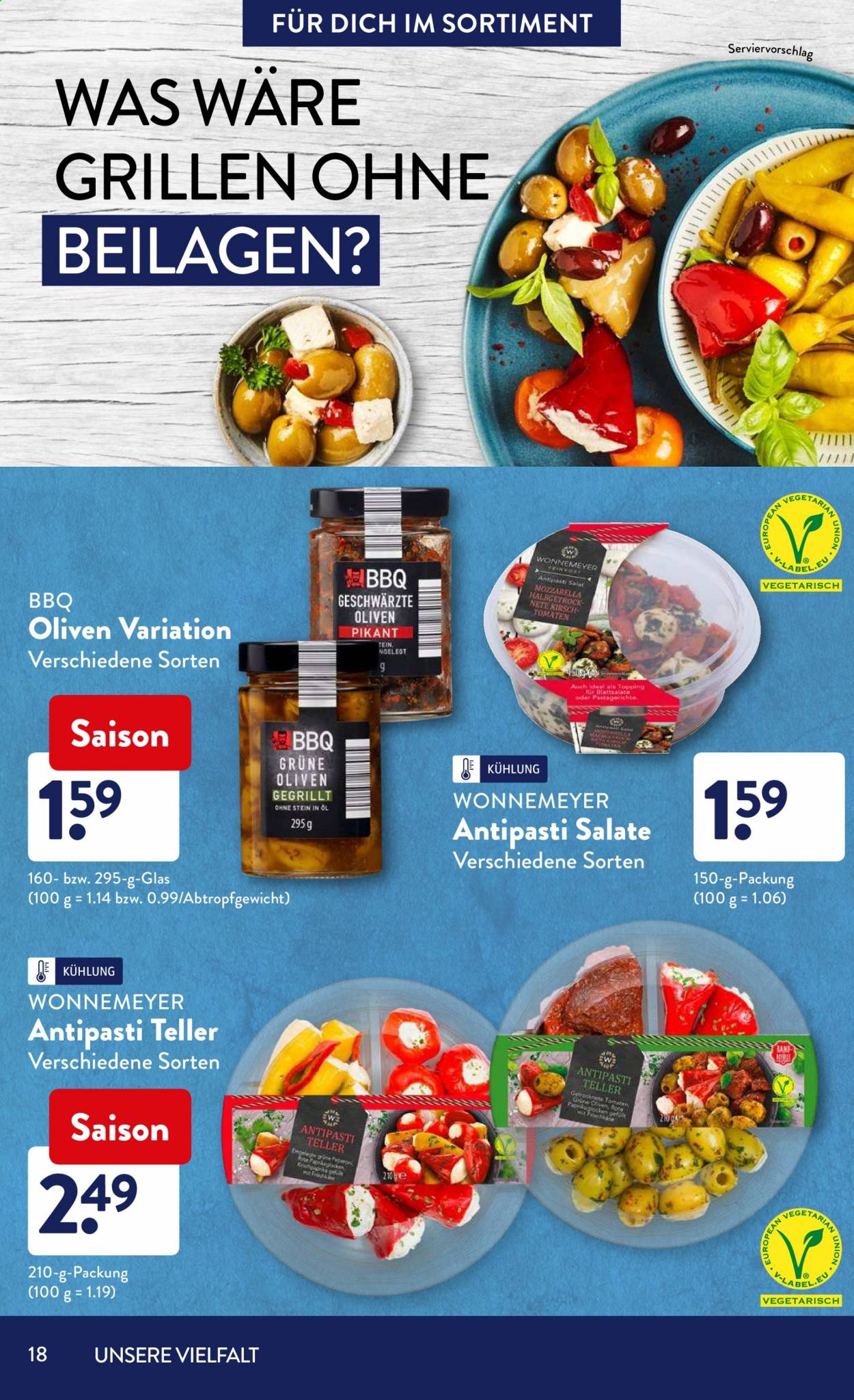 thumbnail - Prospekte ALDI SÜD - Produkte in Aktion - Tomaten, Salat, Antipasti, Käse, Mozzarella, Frischkäse, Oliven. Seite 18.
