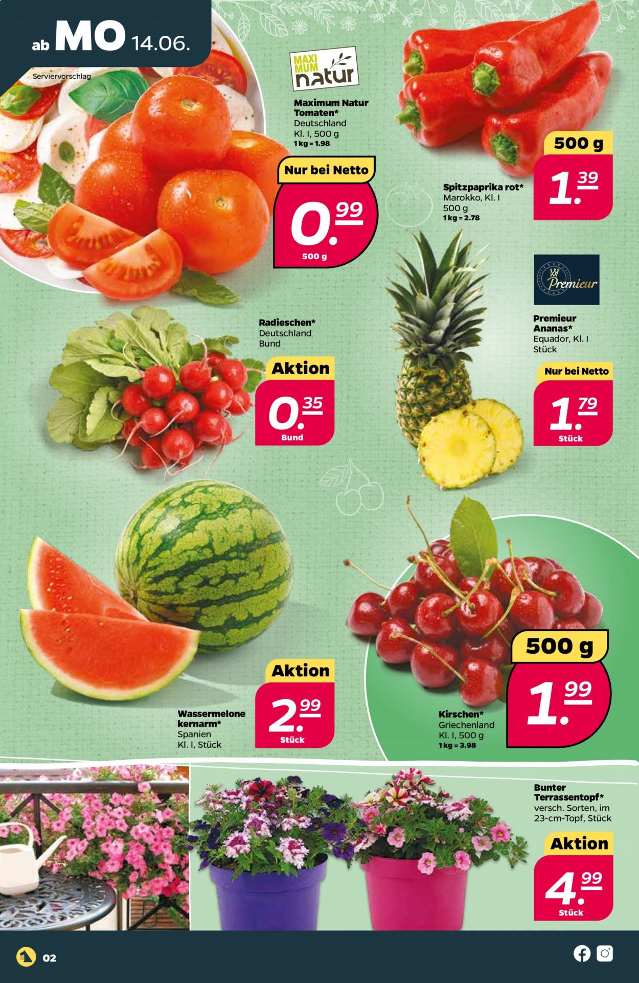thumbnail - Prospekte Netto - 14.06.2021 - 19.06.2021 - Produkte in Aktion - Paprika, Tomaten, Radieschen, Spitzpaprika, Ananas, Kirschen, Wassermelone. Seite 2.