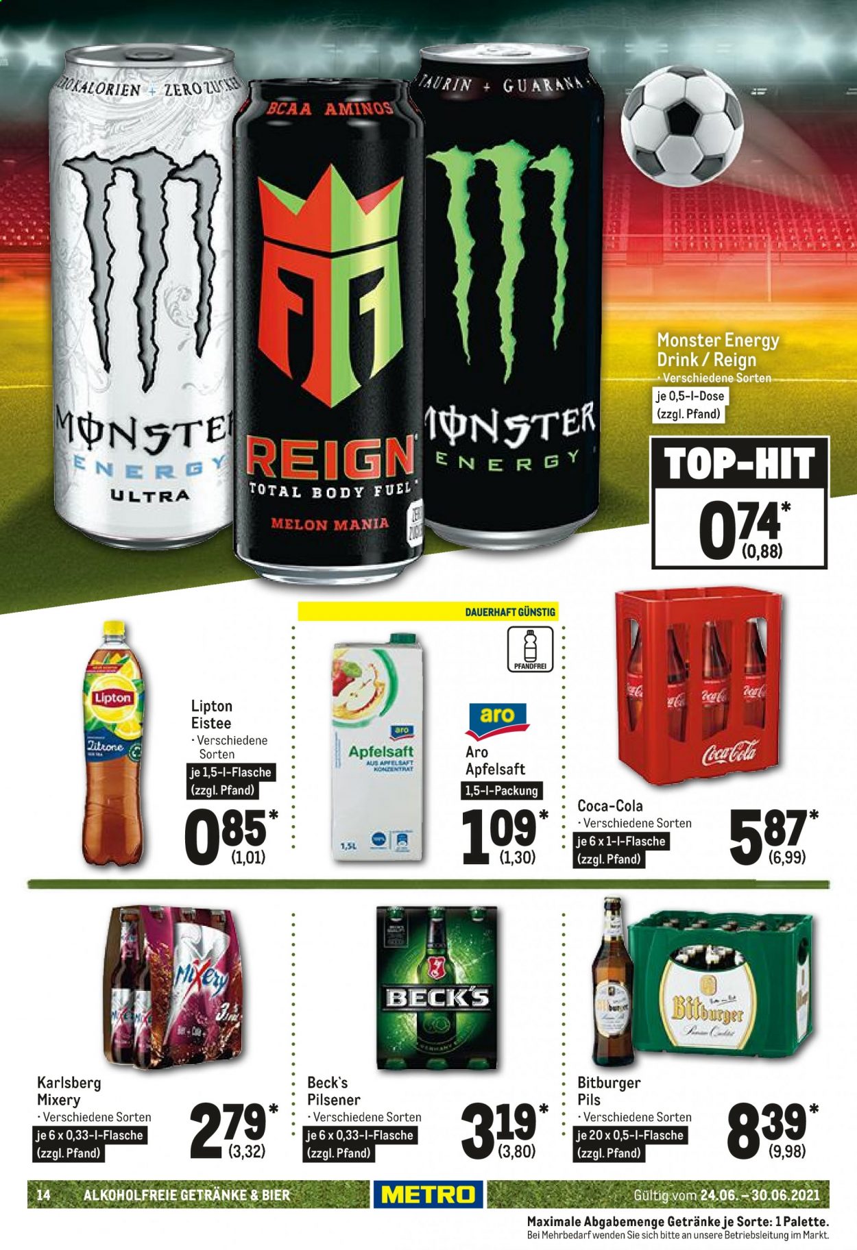 thumbnail - Prospekte Metro - 24.06.2021 - 30.06.2021 - Produkte in Aktion - Beck's, Bitburger, Bier, Alkohol, Coca-Cola, Eistee, Energiegetränk, Monster Energy, Saft, Apfelsaft, Lipton, Body. Seite 14.