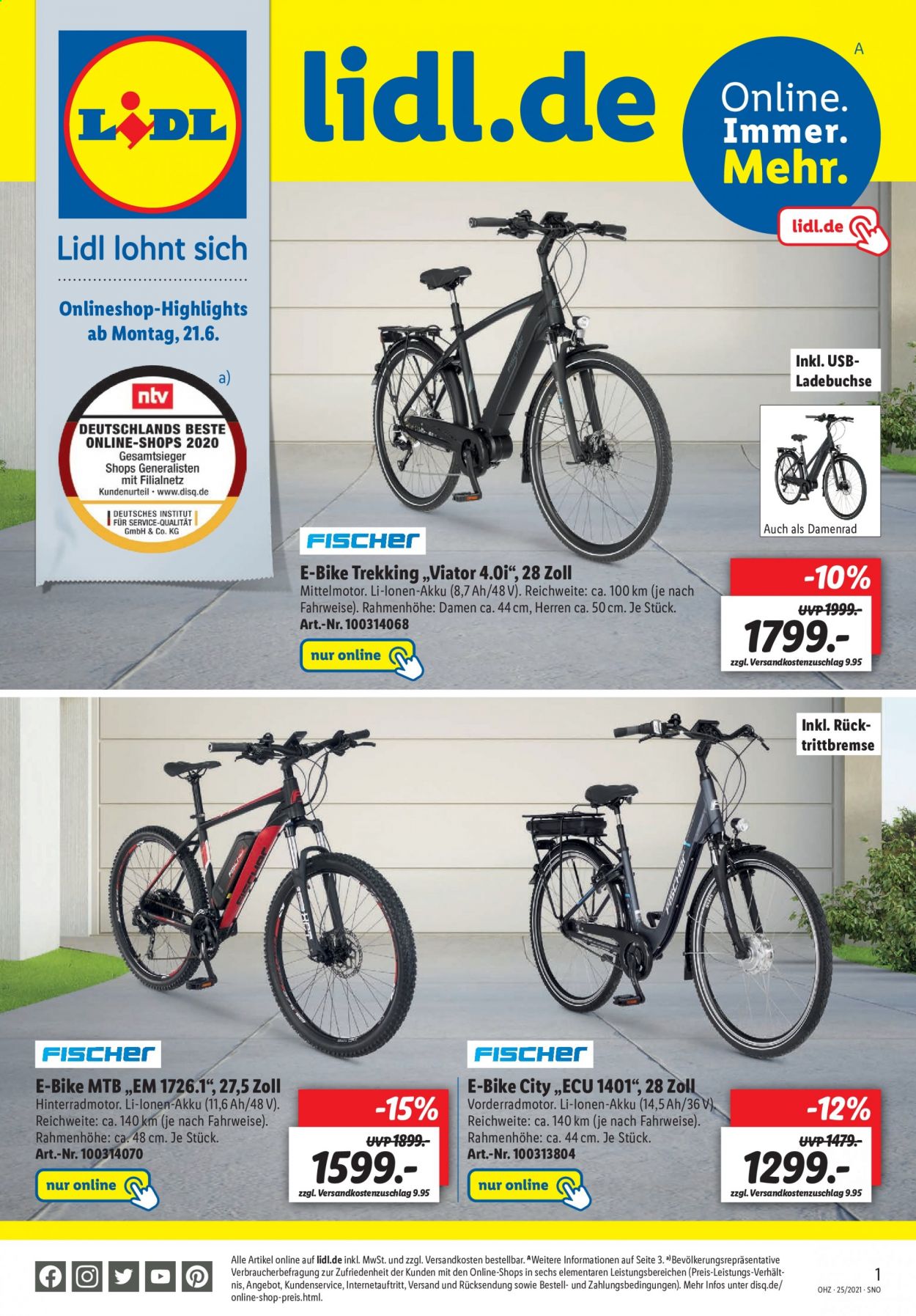 thumbnail - Prospekte Lidl - 21.06.2021 - 27.06.2021 - Produkte in Aktion - Fische, Fischer, E-Bike. Seite 1.