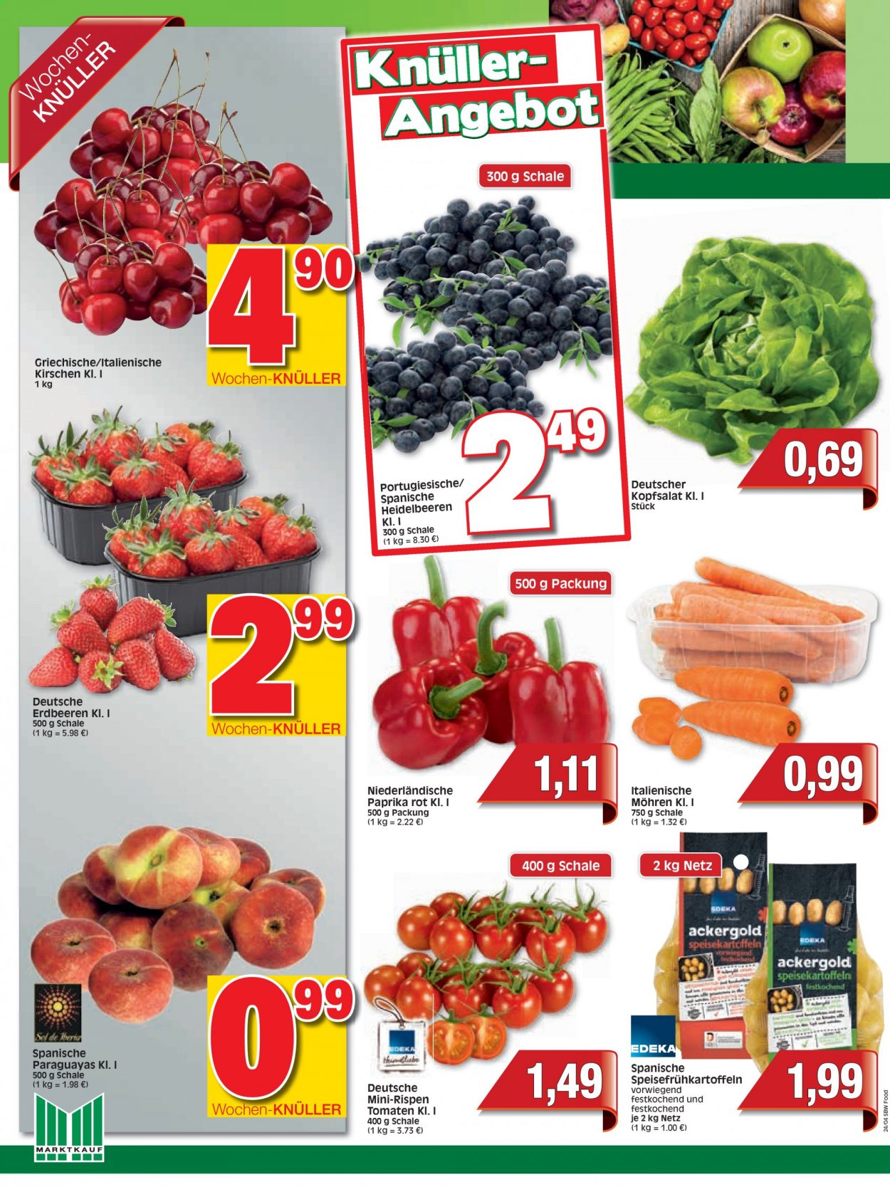 thumbnail - Prospekte Marktkauf - 14.06.2021 - 19.06.2021 - Produkte in Aktion - Paprika, Tomaten, Speisekartoffeln, Salat, Möhren, Kartoffeln, Kopfsalat, Frühkartoffeln, Kirschen, Erdbeeren, Heidelbeeren. Seite 4.