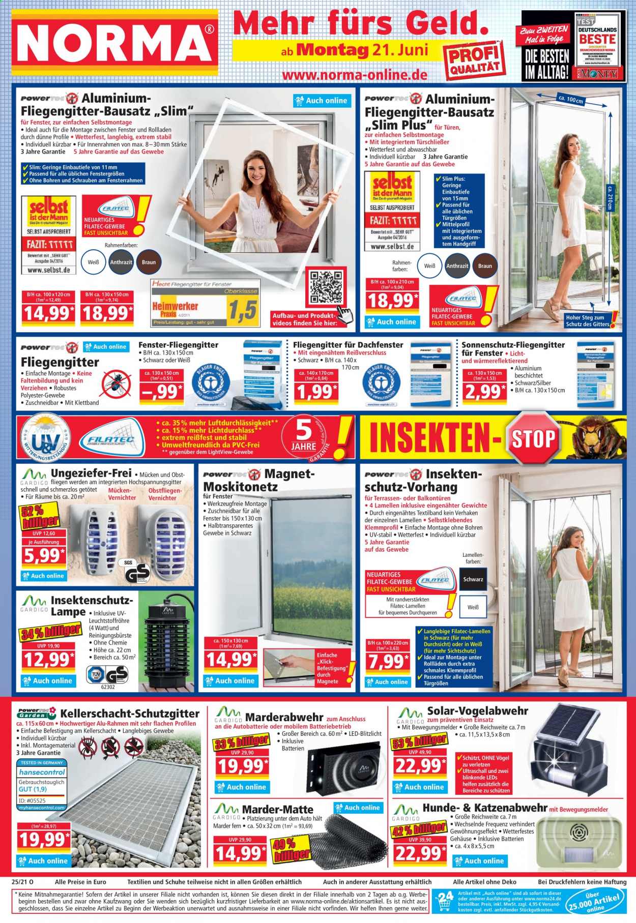 thumbnail - Prospekte Norma - 21.06.2021 - 26.06.2021 - Produkte in Aktion - Braun, Fliegengitter, Reinigungsbürste, Vorhang, Marderabwehr. Seite 1.