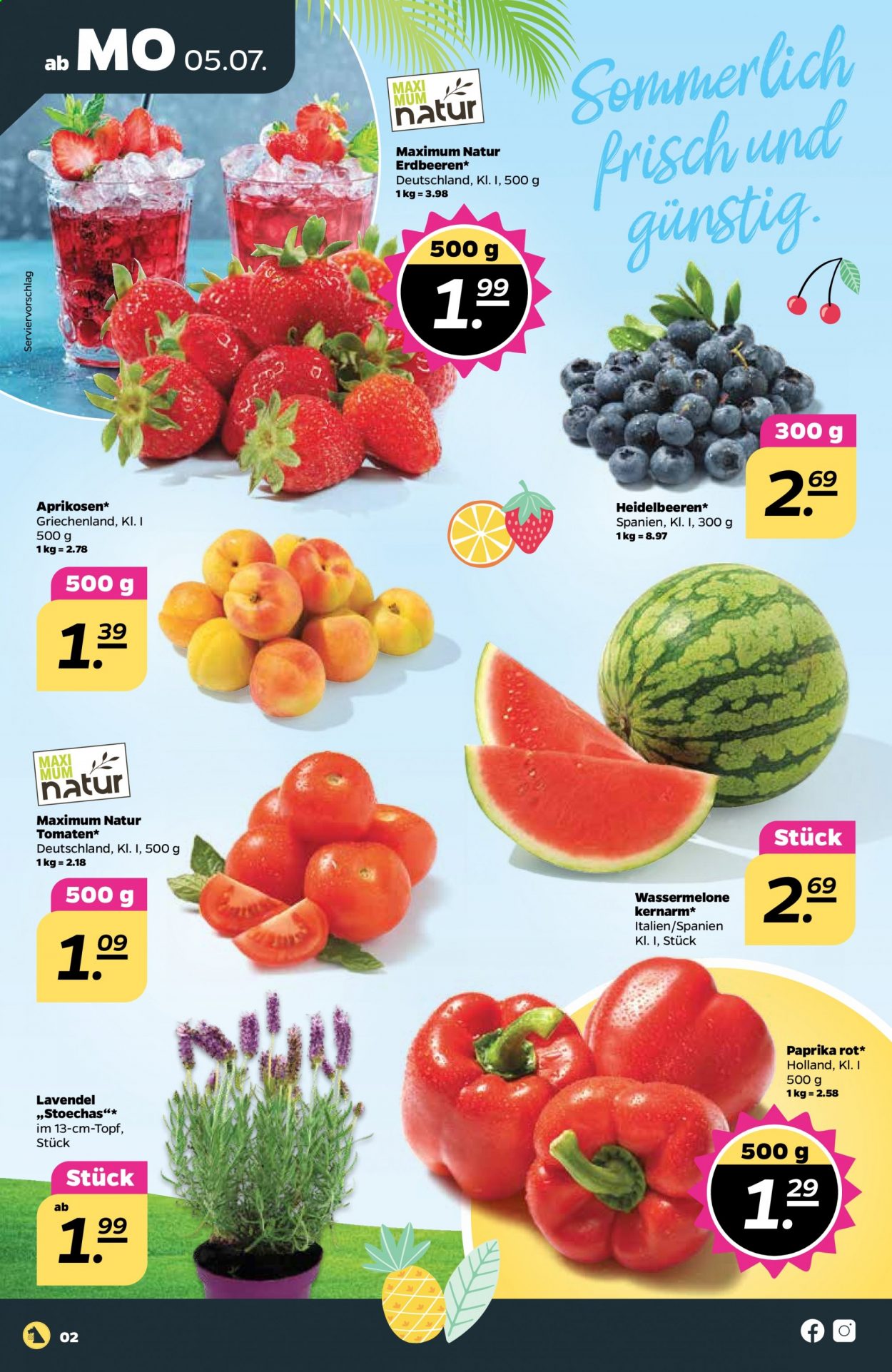 thumbnail - Prospekte Netto - 5.07.2021 - 10.07.2021 - Produkte in Aktion - Paprika, Tomaten, Aprikosen, Erdbeeren, Heidelbeeren, Wassermelone, Lavendel. Seite 2.