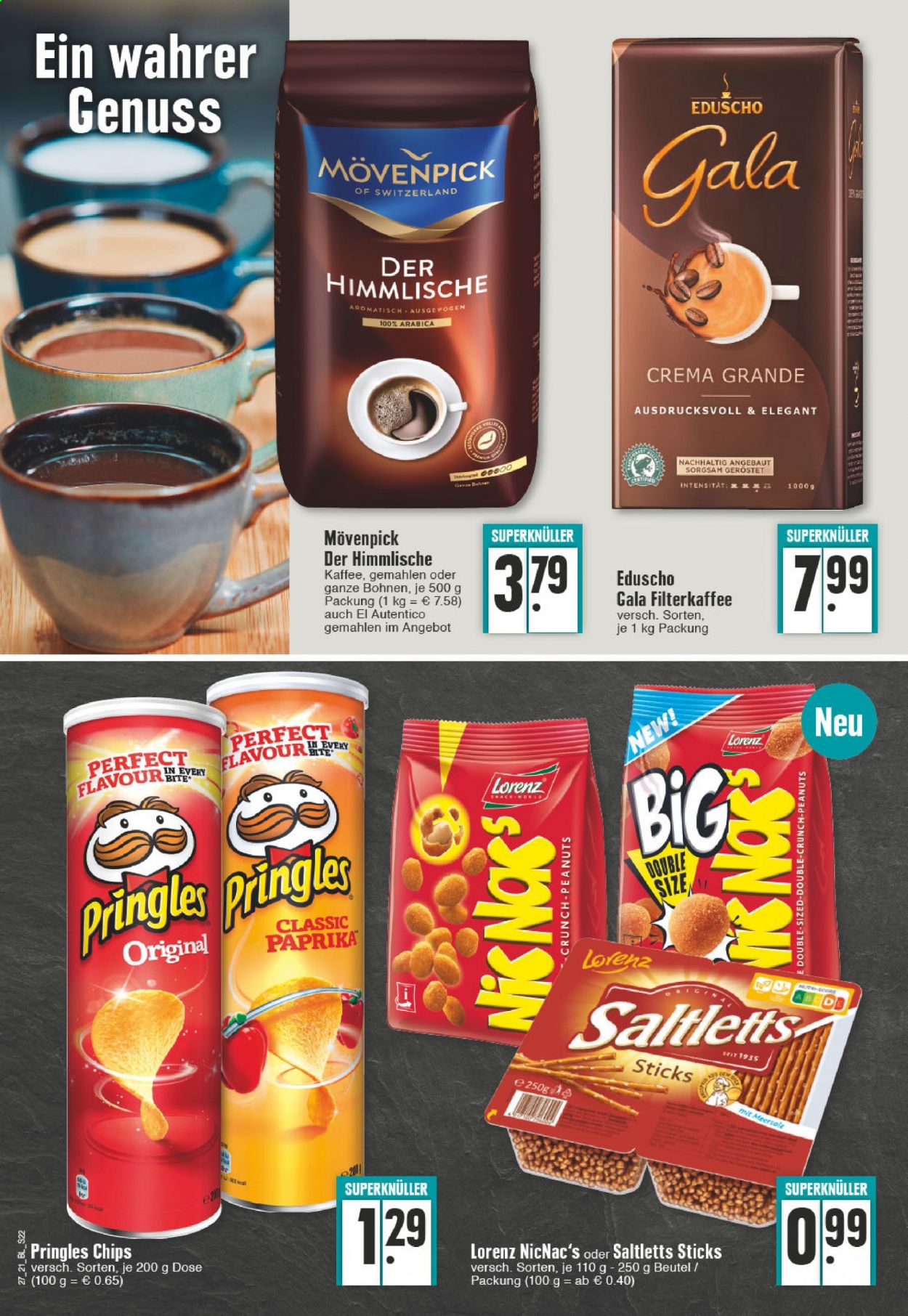 thumbnail - Prospekte Edeka - 5.07.2021 - 10.07.2021 - Produkte in Aktion - Mövenpick, Chips, Pringles, Lorenz, Erdnüsse, Kaffee, Eduscho. Seite 22.
