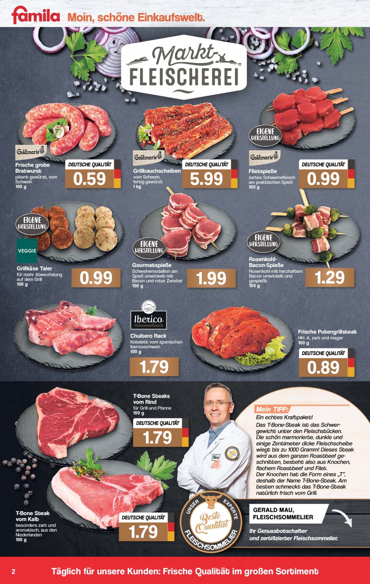thumbnail - Prospekte famila - 5.07.2021 - 10.07.2021 - Produkte in Aktion - Steak, Rosenkohl, Rindfleisch, Roastbeef, Kalbfleisch, T-Bone Steak, Schweinehackfleisch, Schweinekotelett, Bratwurst, Käse, Grillkäse. Seite 2.