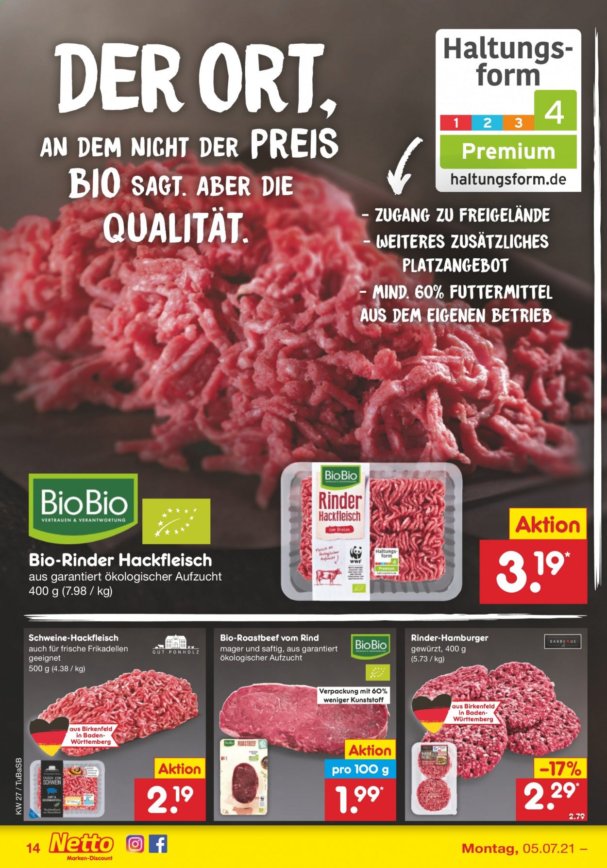 thumbnail - Prospekte Netto Marken-Discount - 5.07.2021 - 10.07.2021 - Produkte in Aktion - Roastbeef, Frikadellen, Hackfleisch, Schweinehackfleisch, Rindfleischburger, Hamburger, Schweinefleisch. Seite 14.