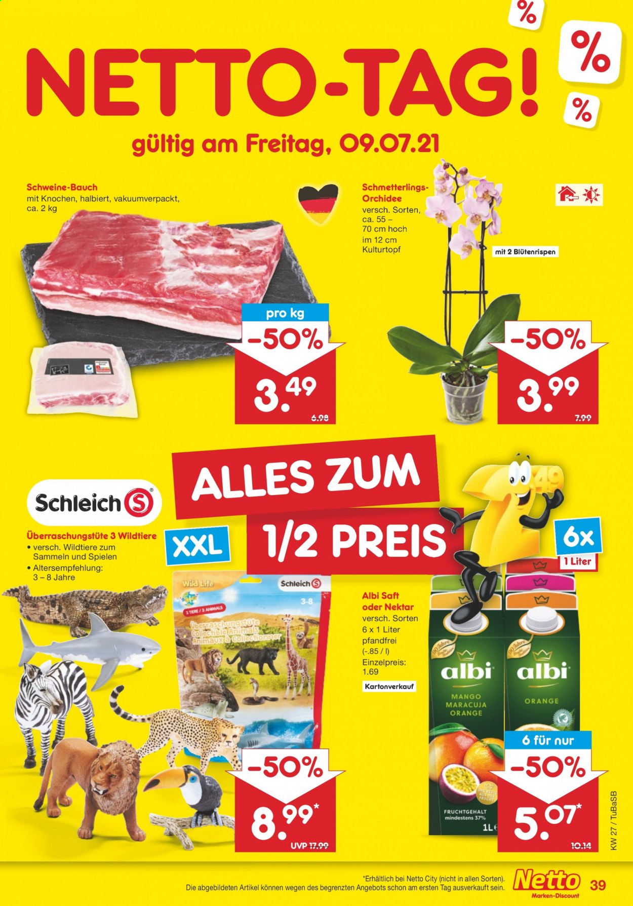 thumbnail - Prospekte Netto Marken-Discount - 5.07.2021 - 10.07.2021 - Produkte in Aktion - Schweinebauch, Schweinefleisch, Mango, Saft, Nektar, Schleich, Orchidee. Seite 39.