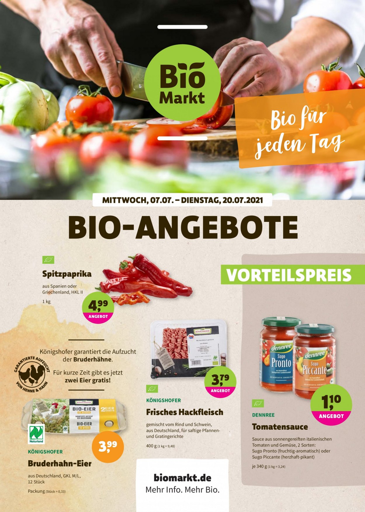 thumbnail - Prospekte BioMarkt - 7.07.2021 - 20.07.2021 - Produkte in Aktion - Paprika, Spitzpaprika, Hackfleisch, Schweinehackfleisch, Rindfleischburger, Eier, Tomatensauce, Sugo, Pfanne. Seite 1.