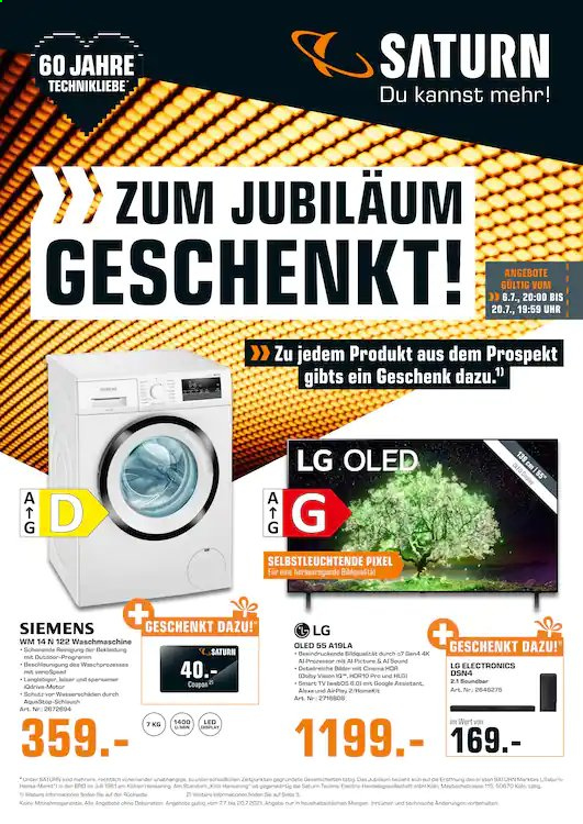 thumbnail - Prospekte Saturn - 7.07.2021 - 20.07.2021 - Produkte in Aktion - LG, Siemens, Waschmaschine. Seite 1.