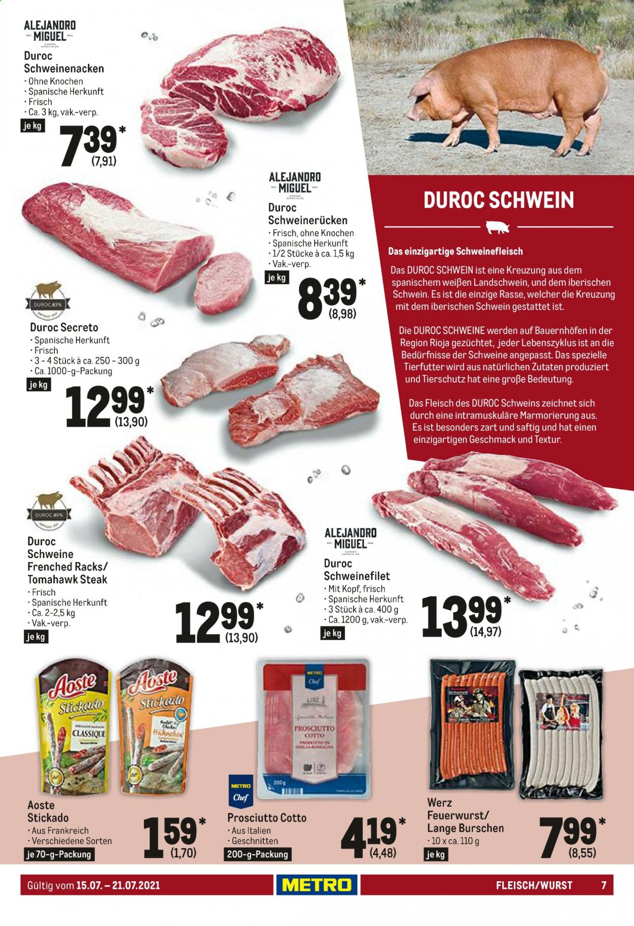 thumbnail - Prospekte Metro - 15.07.2021 - 21.07.2021 - Produkte in Aktion - Steak, Schweinehackfleisch, Schweinefleisch, Schweinefilet, Schweinenacken, Wurst, Prosciutto, Prosciutto Cotto, Wein, Rioja. Seite 7.
