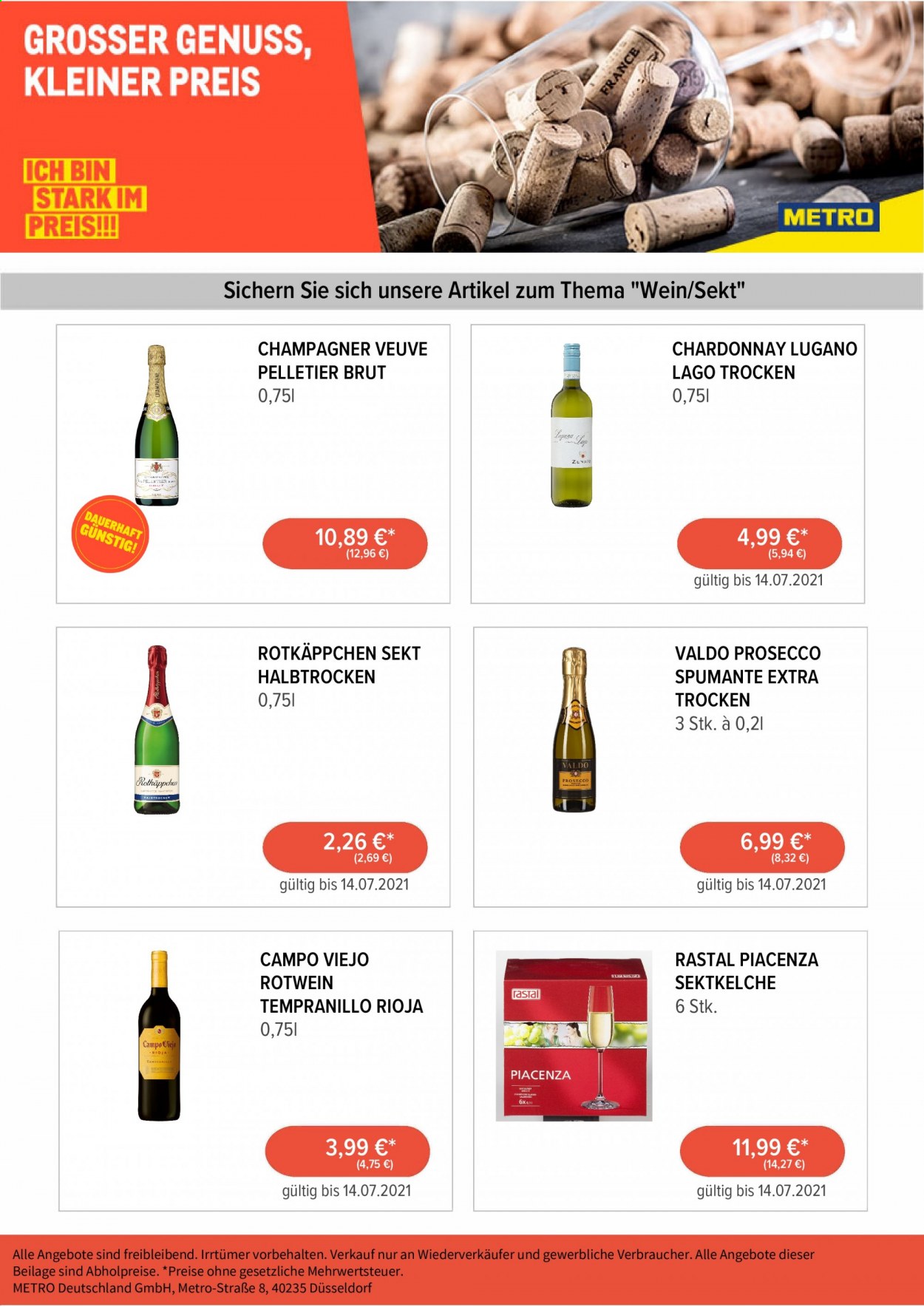 thumbnail - Prospekte Metro - 9.07.2021 - 14.07.2021 - Produkte in Aktion - Alkohol, Wein, Sekt, Rotkäppchen, Vino Spumante, Rioja, Rotwein, Champagne, Chardonnay, Tempranillo, Prosecco, Valdo. Seite 2.