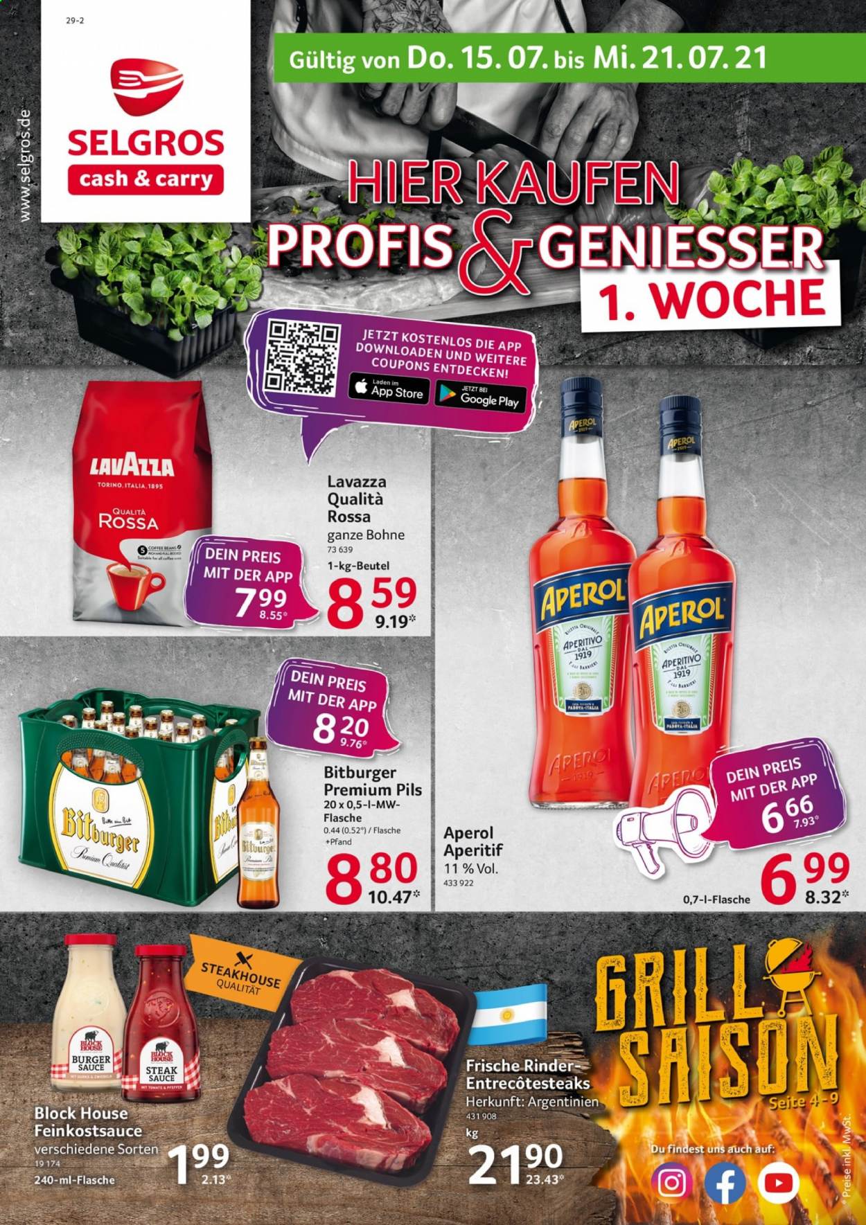 thumbnail - Prospekte Selgros - 15.07.2021 - 21.07.2021 - Produkte in Aktion - Bitburger, Bier, Soße, Burger Sauce, Kaffee, Lavazza, Aperol, Aperitif. Seite 1.
