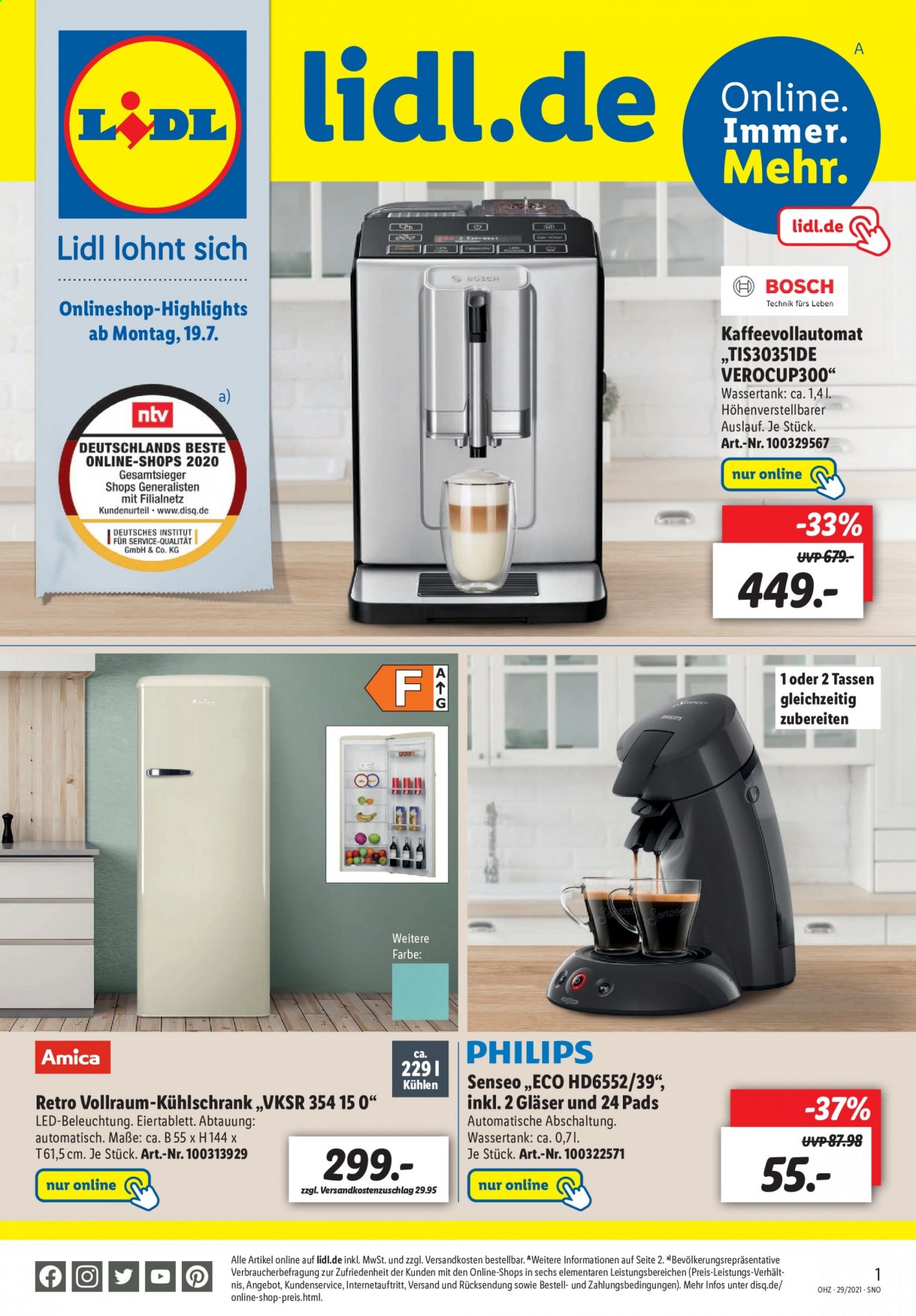 thumbnail - Prospekte Lidl - 19.07.2021 - 25.07.2021 - Produkte in Aktion - Bosch, Philips, Amica, Senseo, Gläser, Kühlschrank, Kaffeeautomat. Seite 1.