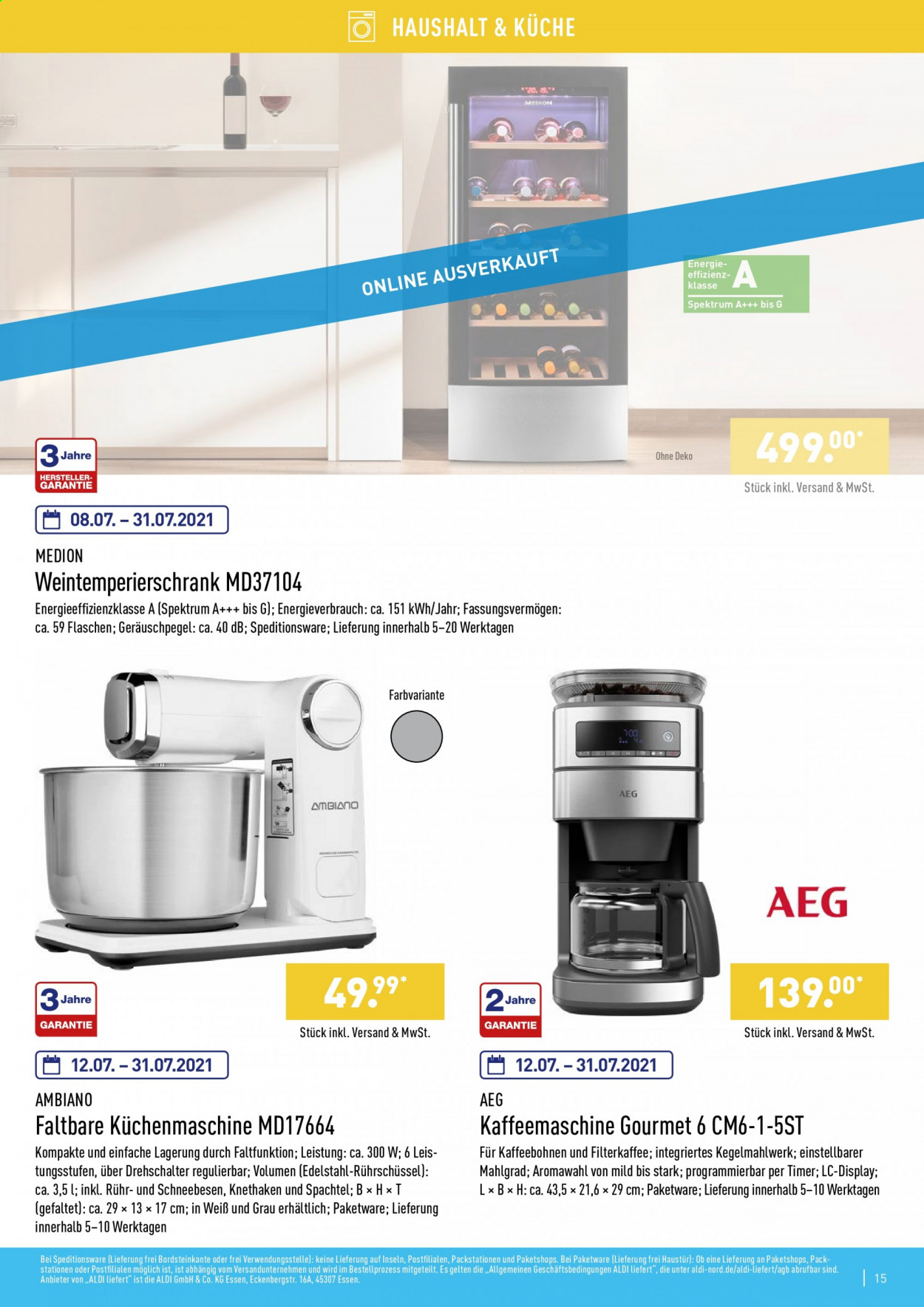 thumbnail - Prospekte ALDI Nord - Produkte in Aktion - Medion, AEG, Kaffeeautomat, Küchenmaschine. Seite 15.