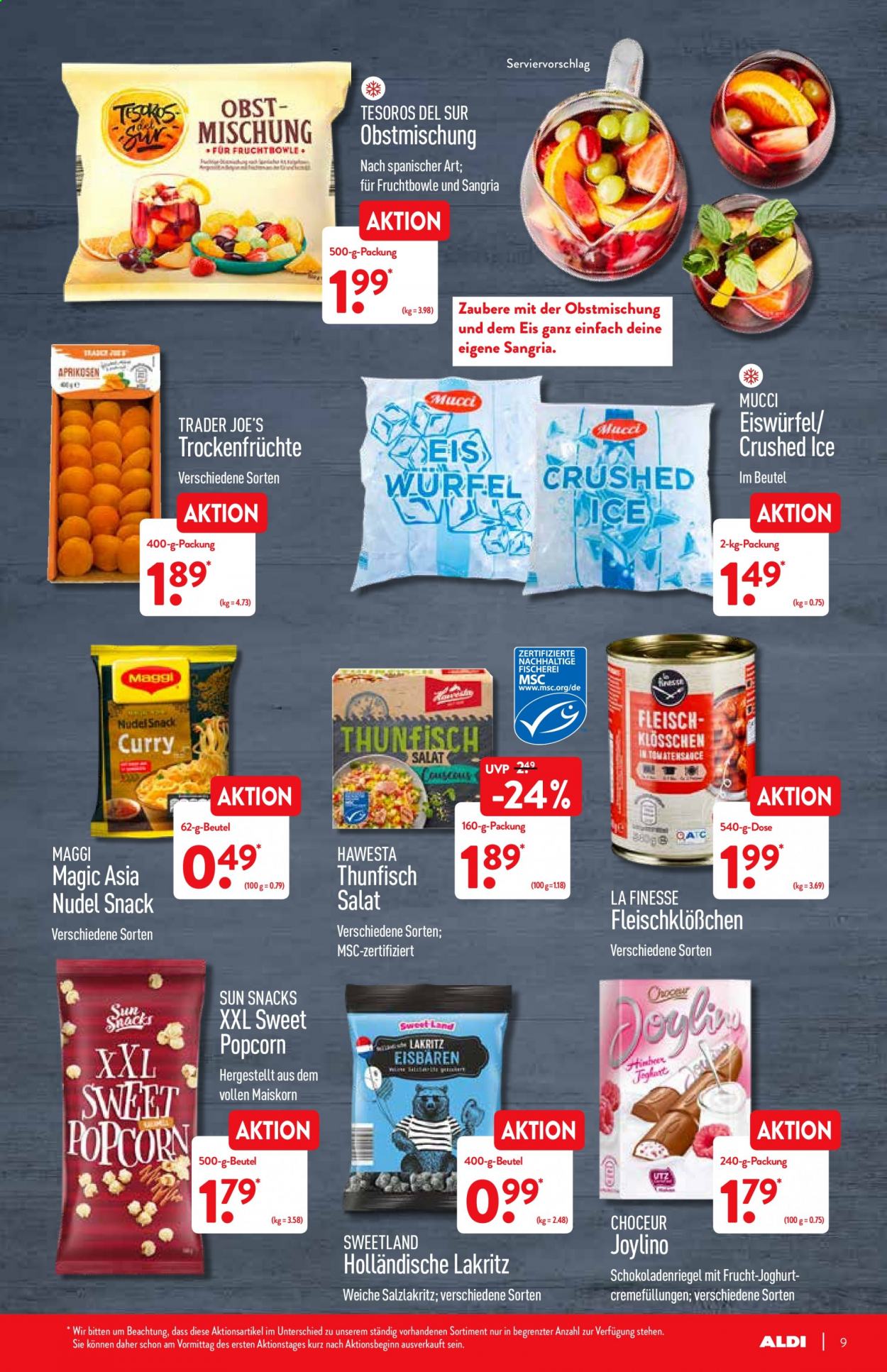 thumbnail - Prospekte ALDI Nord - 19.07.2021 - 24.07.2021 - Produkte in Aktion - Salat, Thunfisch, Maggi, Eis, Eiswürfel, Crushed Ice, Sweetland, Popcorn, Trockenfrüchte. Seite 9.
