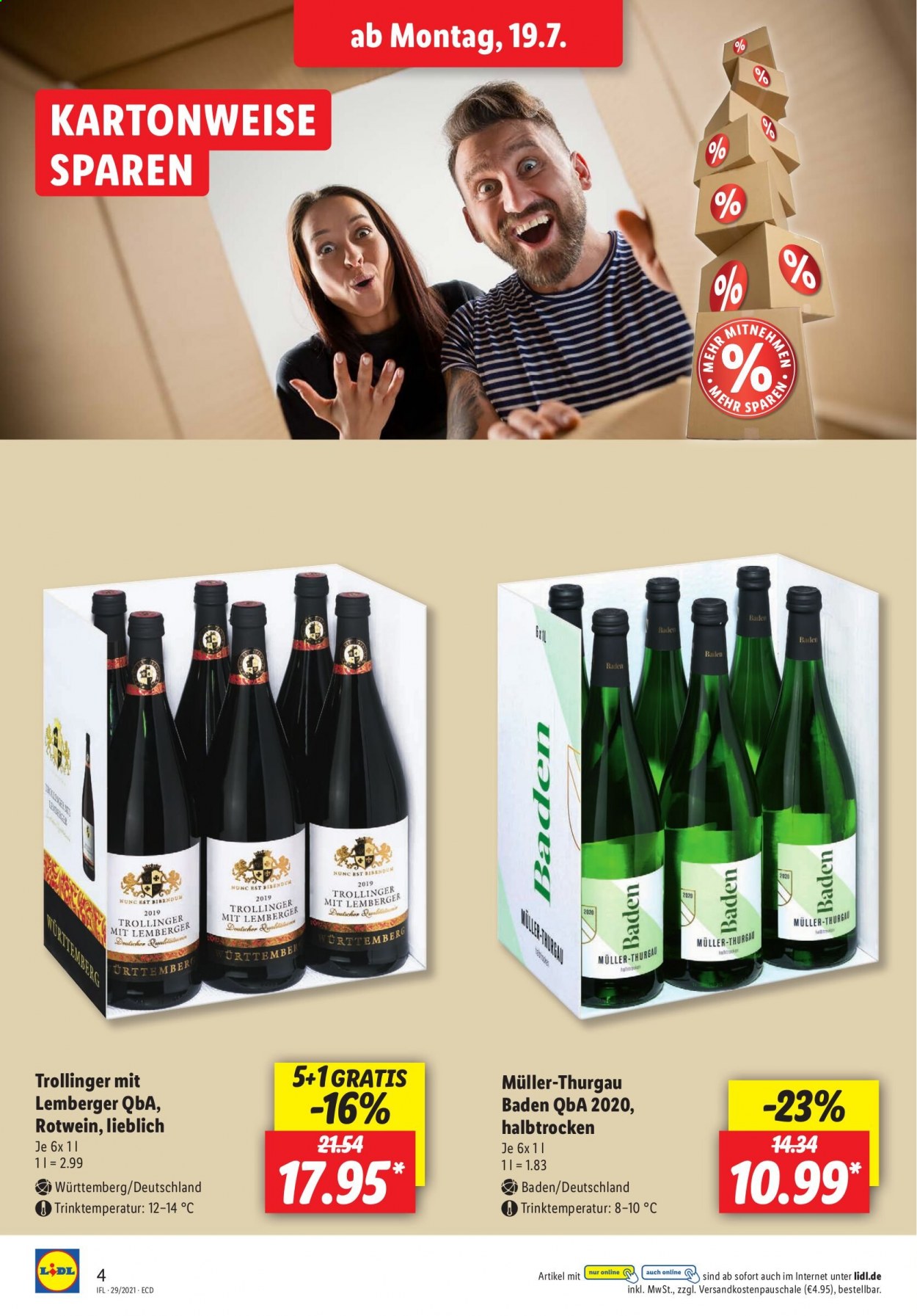 thumbnail - Prospekte Lidl - 19.07.2021 - 24.07.2021 - Produkte in Aktion - Müller, Wein, Rotwein, Müller-Thurgau. Seite 4.
