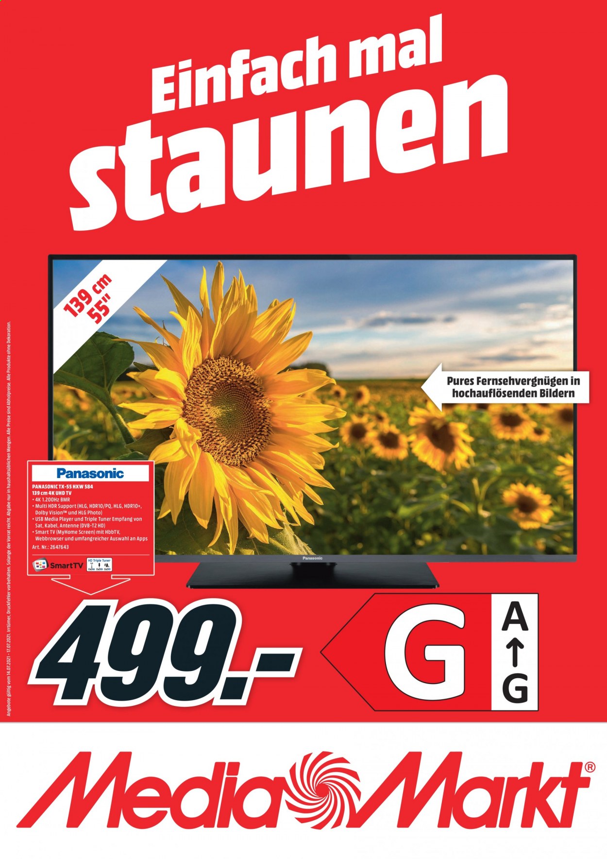 thumbnail - Prospekte MediaMarkt - 14.07.2021 - 17.07.2021 - Produkte in Aktion - Panasonic, UHD-TV, HbbTV, Smart TV. Seite 1.