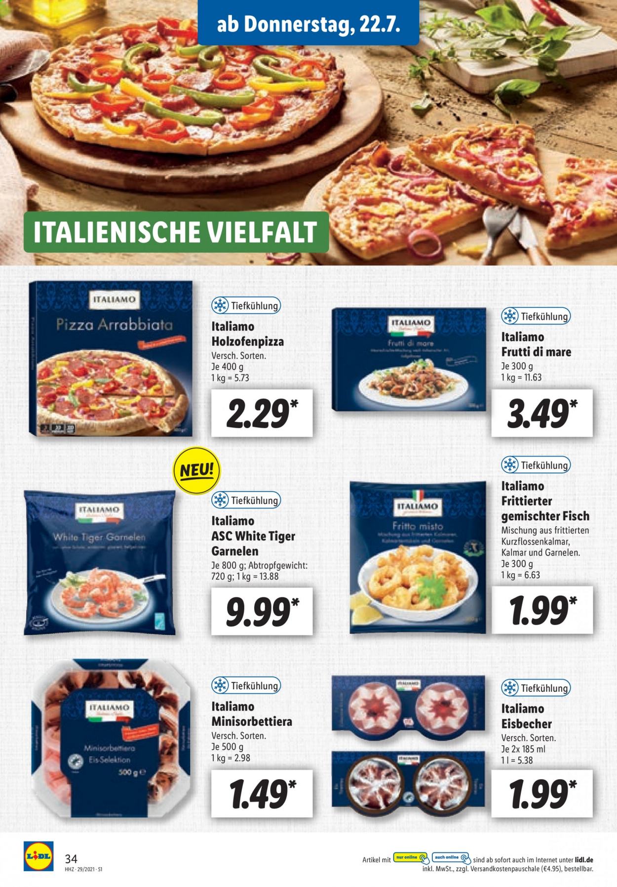 thumbnail - Prospekte Lidl - 19.07.2021 - 24.07.2021 - Produkte in Aktion - Garnelen, Pizza, Eis, Eisbecher. Seite 34.