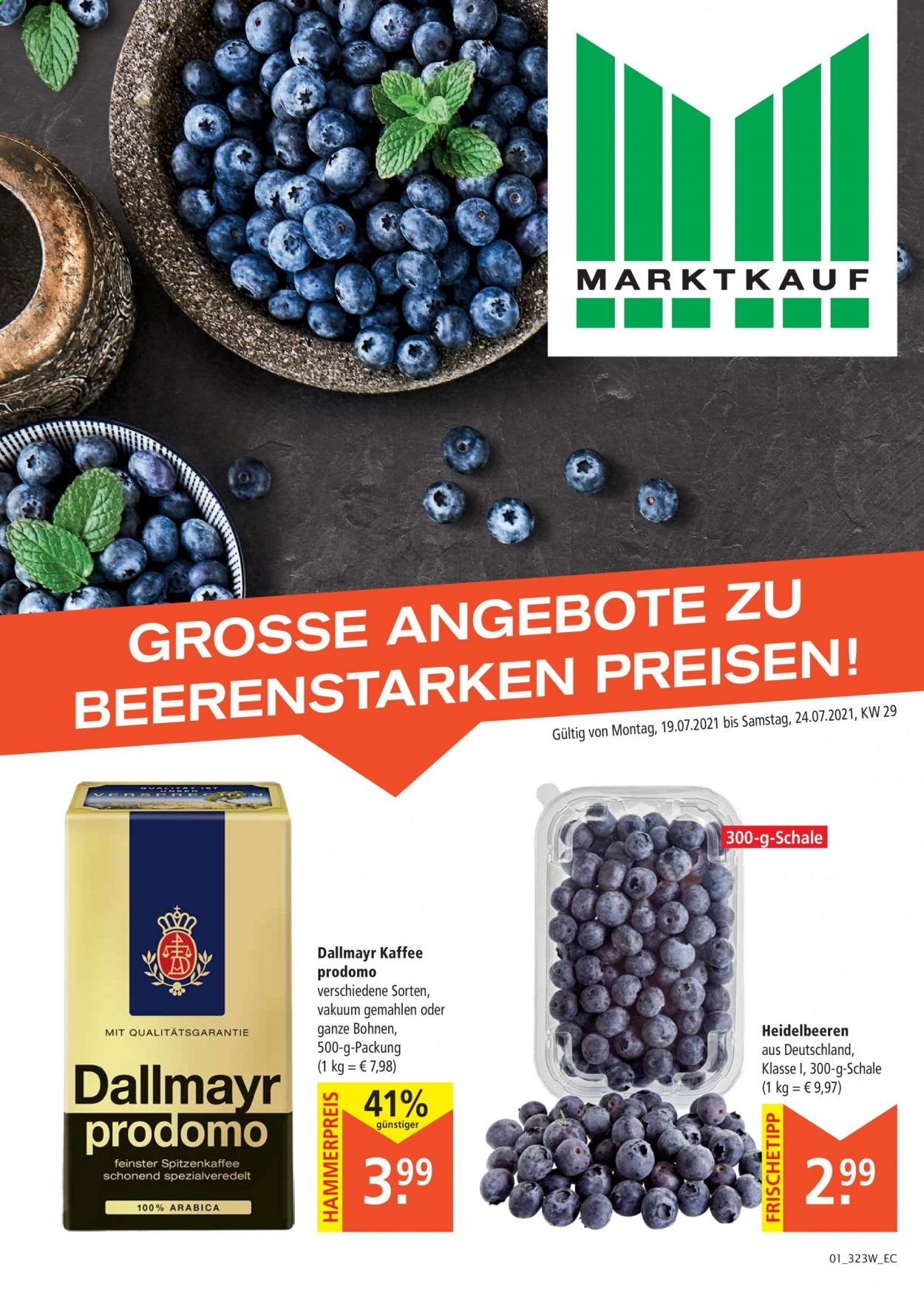 thumbnail - Prospekte Marktkauf - 19.07.2021 - 24.07.2021 - Produkte in Aktion - Heidelbeeren, Kaffee, Dallmayr  Prodomo, Dallmayr. Seite 1.