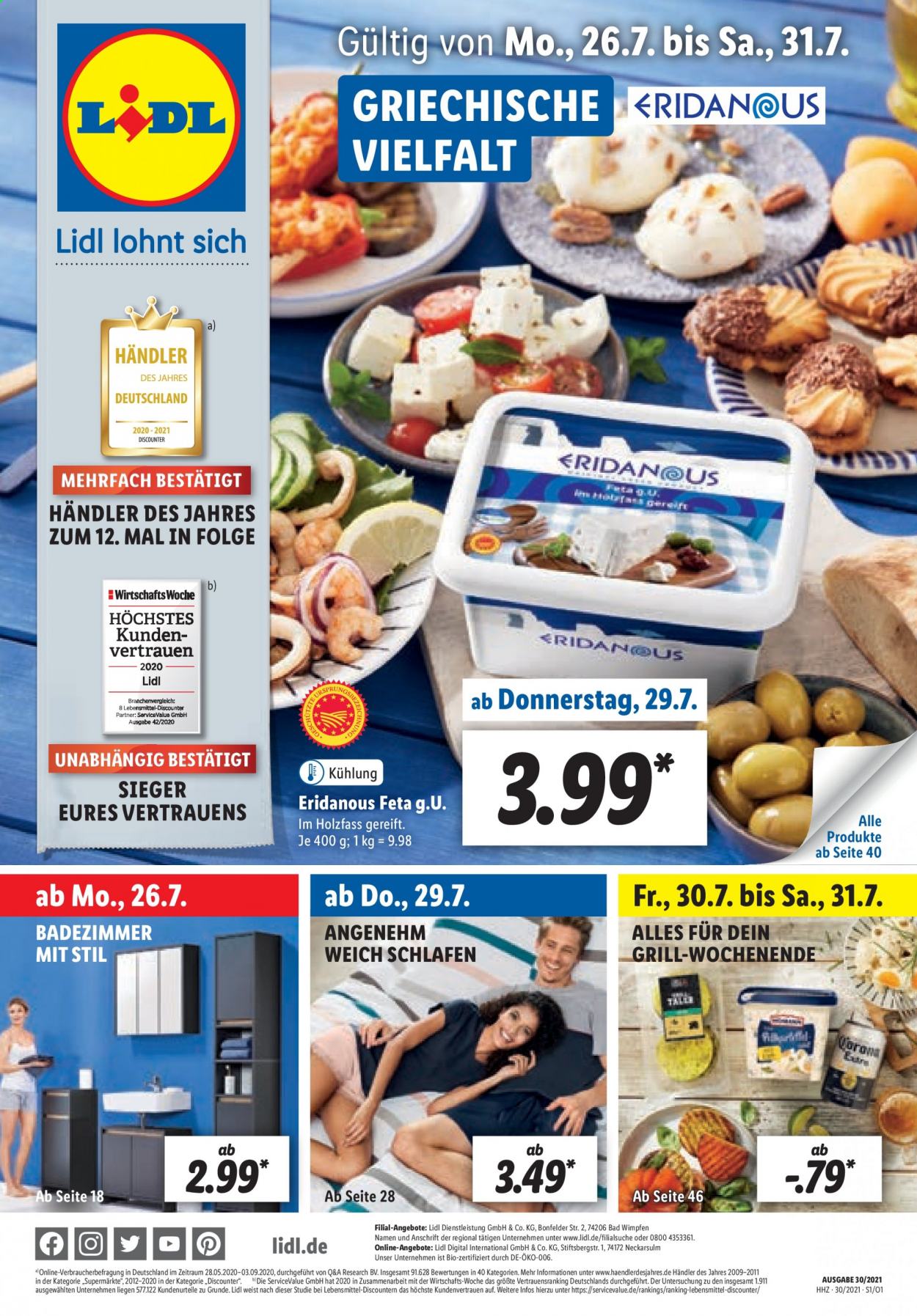 thumbnail - Prospekte Lidl - 26.07.2021 - 31.07.2021 - Produkte in Aktion - Feta, Grill. Seite 1.