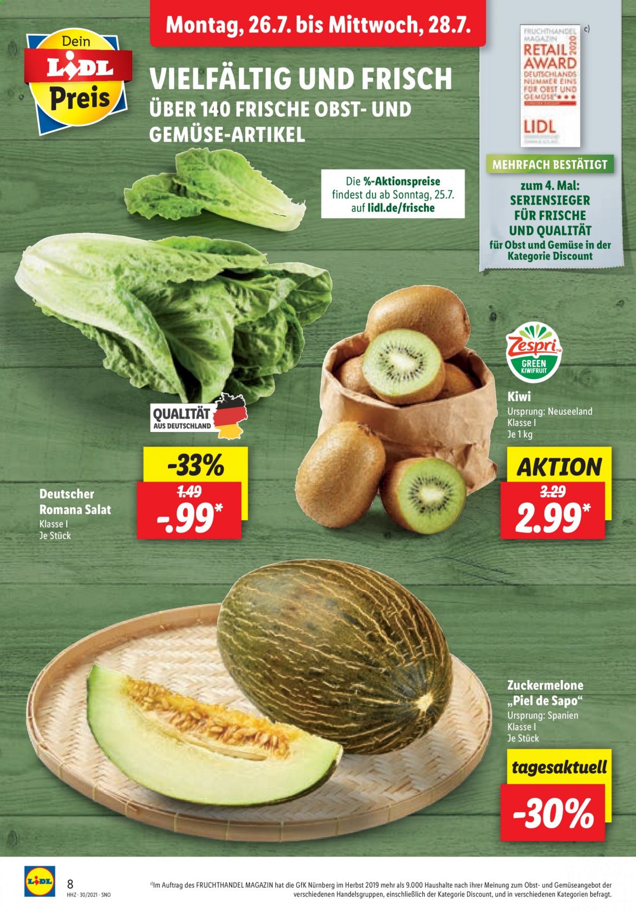 thumbnail - Prospekte Lidl - 26.07.2021 - 31.07.2021 - Produkte in Aktion - Salat, Romanasalat, Kiwi, Zuckermelone. Seite 8.