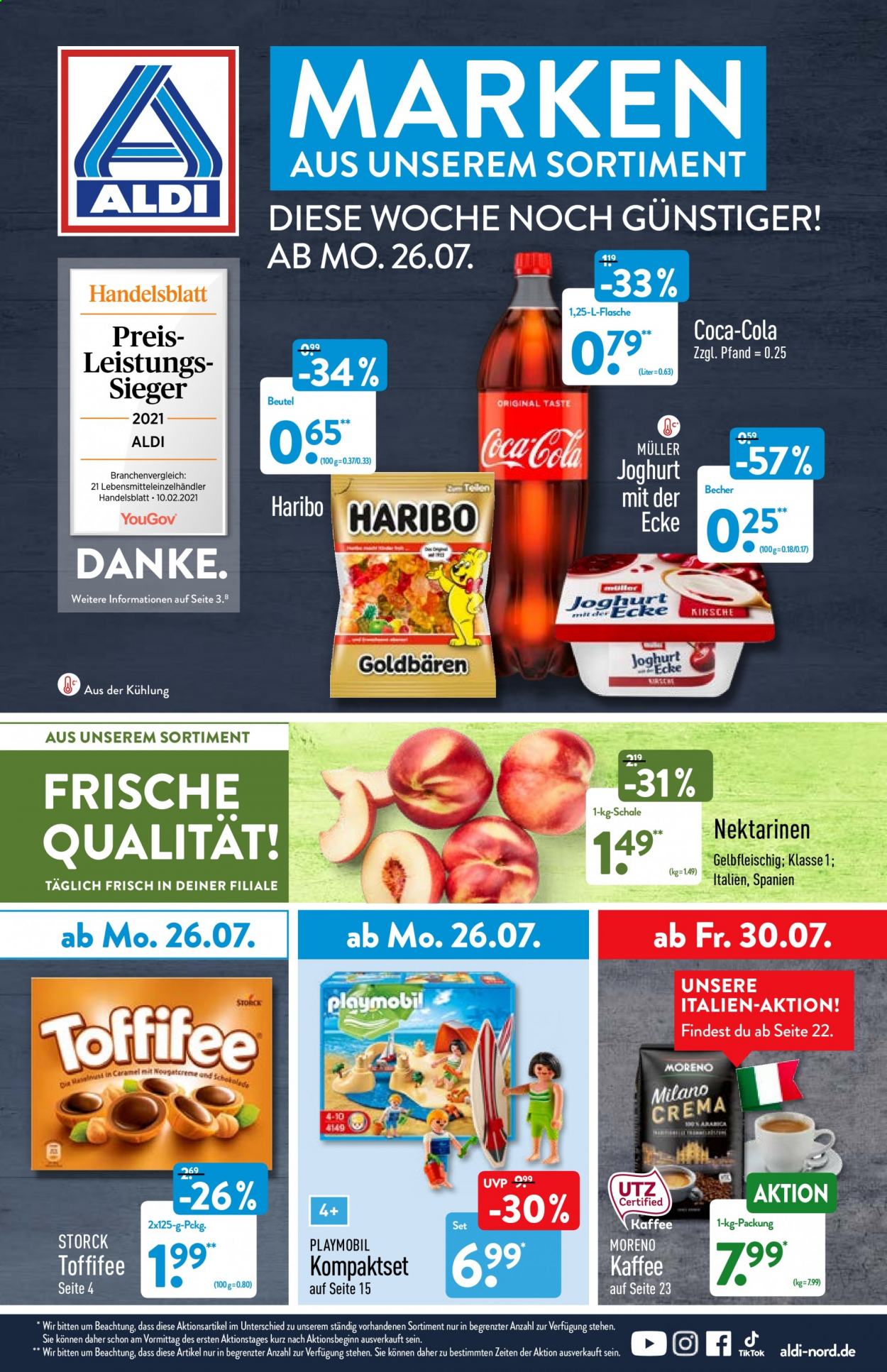 thumbnail - Prospekte ALDI Nord - 26.07.2021 - 31.07.2021 - Produkte in Aktion - Nektarinen, Joghurt, Müller, Joghurt mit der Ecke, Toffifee, Haribo, Coca-Cola, Kaffee. Seite 1.