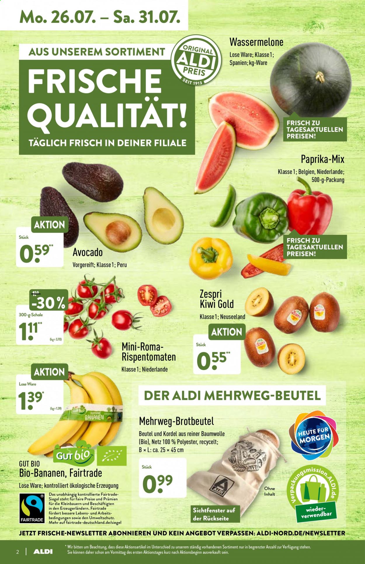 thumbnail - Prospekte ALDI Nord - 26.07.2021 - 31.07.2021 - Produkte in Aktion - Paprika, Rispentomaten, Avocado, Bananen, Kiwi, Wassermelone, Bio-Bananen, Kiwi Gold. Seite 2.
