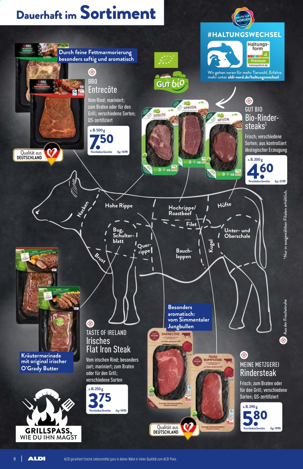 thumbnail - Prospekte ALDI Nord - 26.07.2021 - 31.07.2021 - Produkte in Aktion - Steak, Rindfleisch, Roastbeef, Entrecôte, Rindersteak, Butter, Kugel. Seite 8.