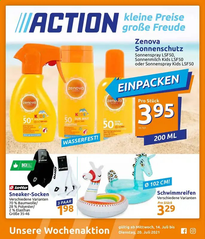 thumbnail - Prospekte Action - 14.07.2021 - 20.07.2021 - Produkte in Aktion - Sun Spray, Sonnenmilch, Socken. Seite 1.