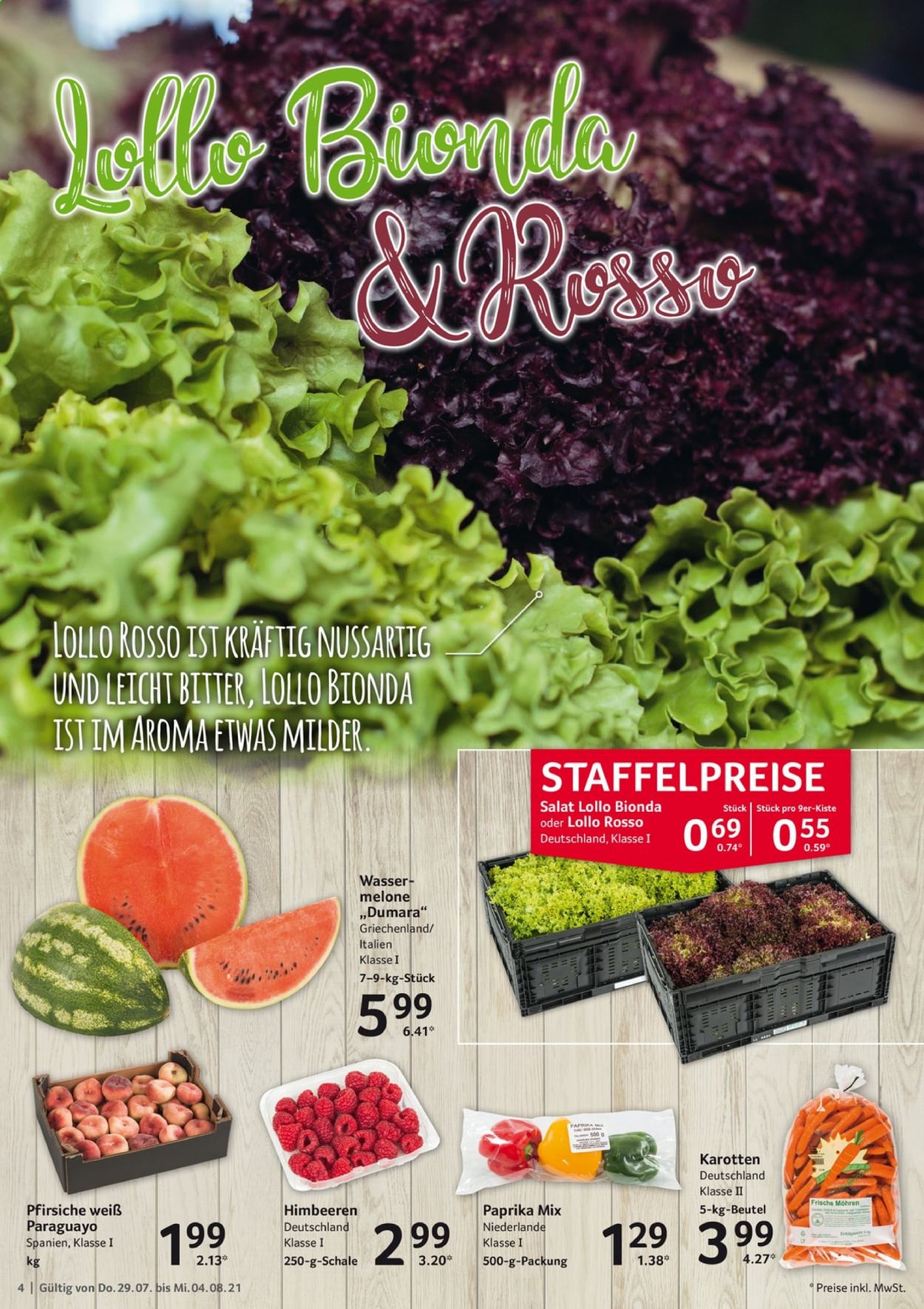 thumbnail - Prospekte Selgros - 29.07.2021 - 4.08.2021 - Produkte in Aktion - Paprika, Salat, Möhren, Karotten, Pfirsiche, Himbeeren, Wassermelone. Seite 4.