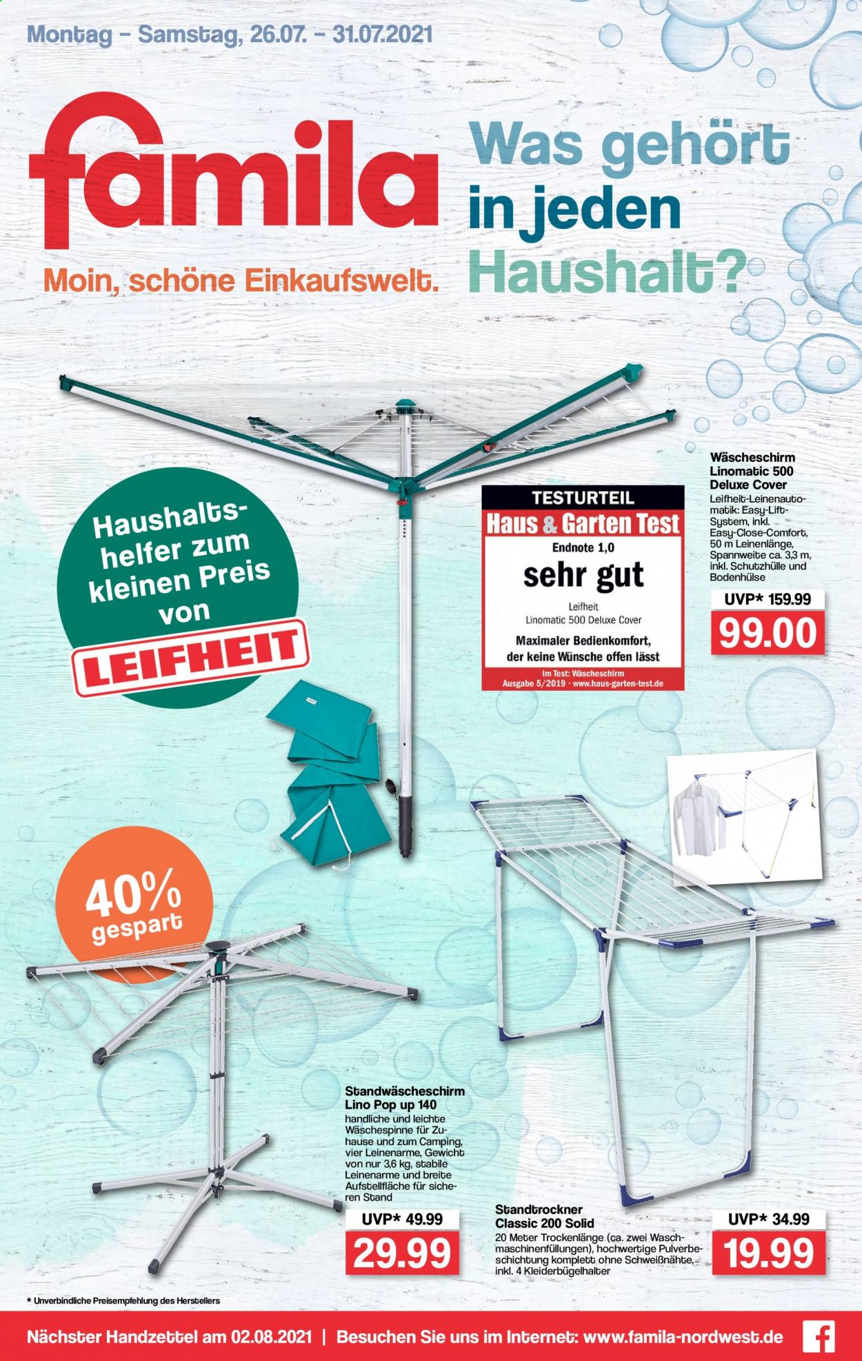 thumbnail - Prospekte famila - 26.07.2021 - 31.07.2021 - Produkte in Aktion - Leifheit, Wäscheschirm. Seite 1.
