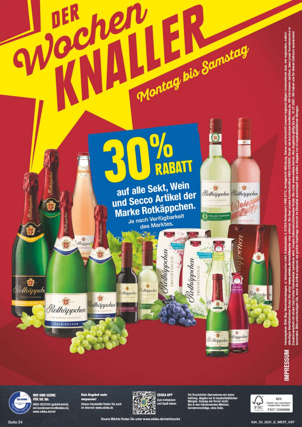 thumbnail - Prospekte Edeka - 26.07.2021 - 31.07.2021 - Produkte in Aktion - Alkohol, Müller, Wein, Sekt, Rotkäppchen, Müller-Thurgau, Fruchtsecco. Seite 28.